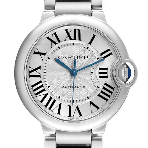 The Cartier Ballon Bleu W6920046 Women's Stainless Steel Silver Dial watch is shown from a frontal angle, highlighting the dial, blue hands, Roman numerals, and distinctive crown.