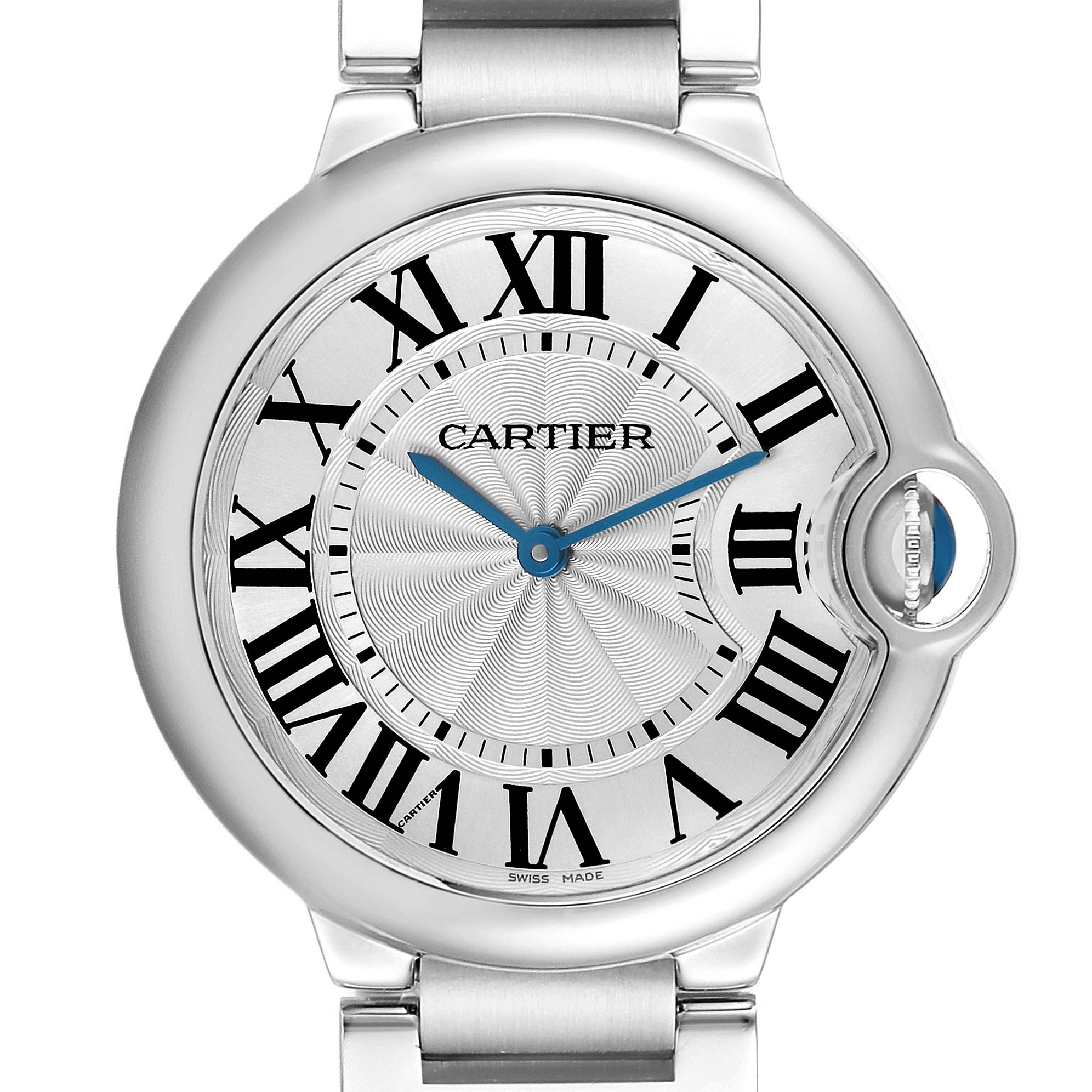 The image shows a front view of the Ballon Bleu de Cartier watch face, detailing the Roman numerals and blue hands.