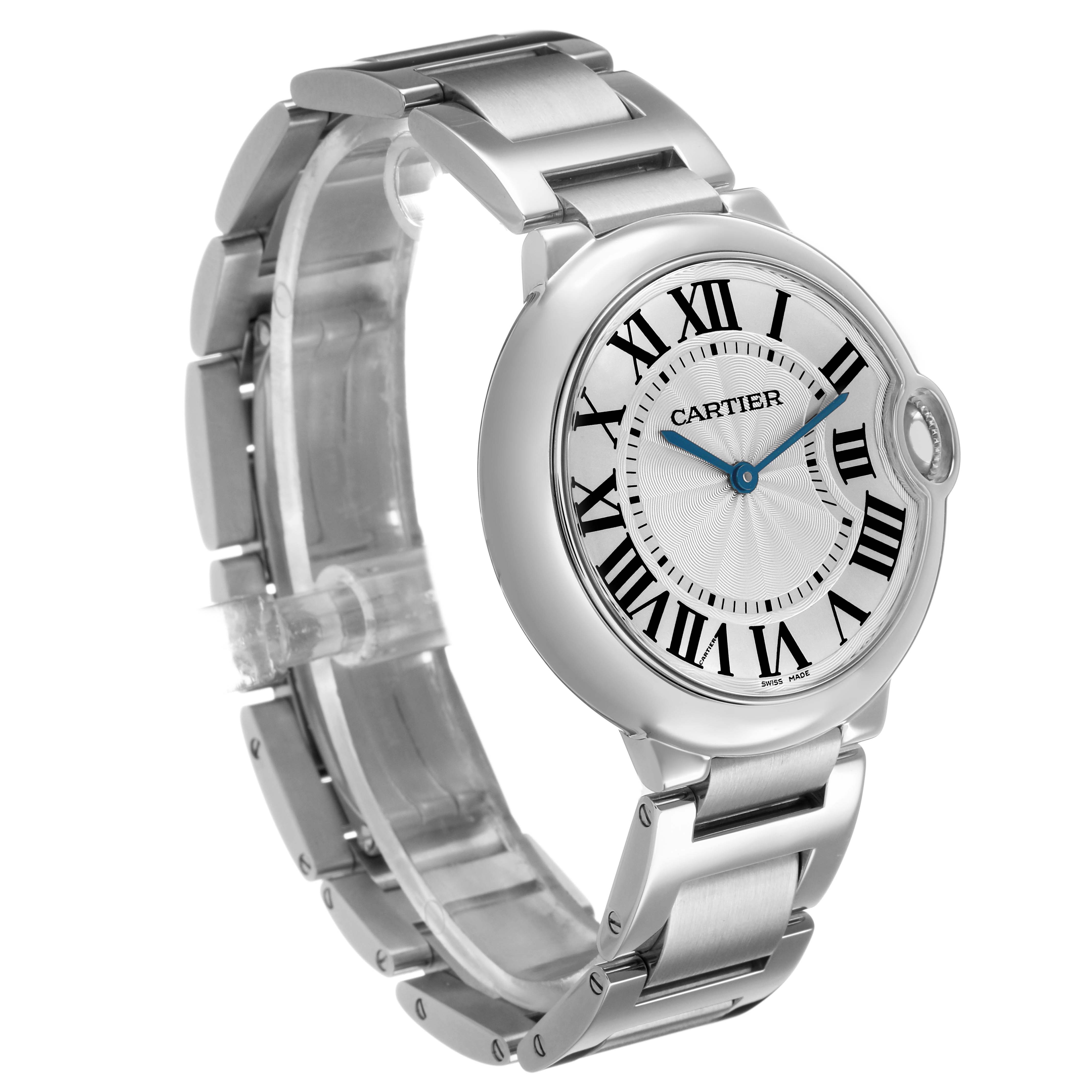 The Cartier Ballon Bleu W69011Z4 Men's Stainless Steel Silver Dial watch is shown at a slight angled side view highlighting the face, Roman numerals, and metal bracelet.