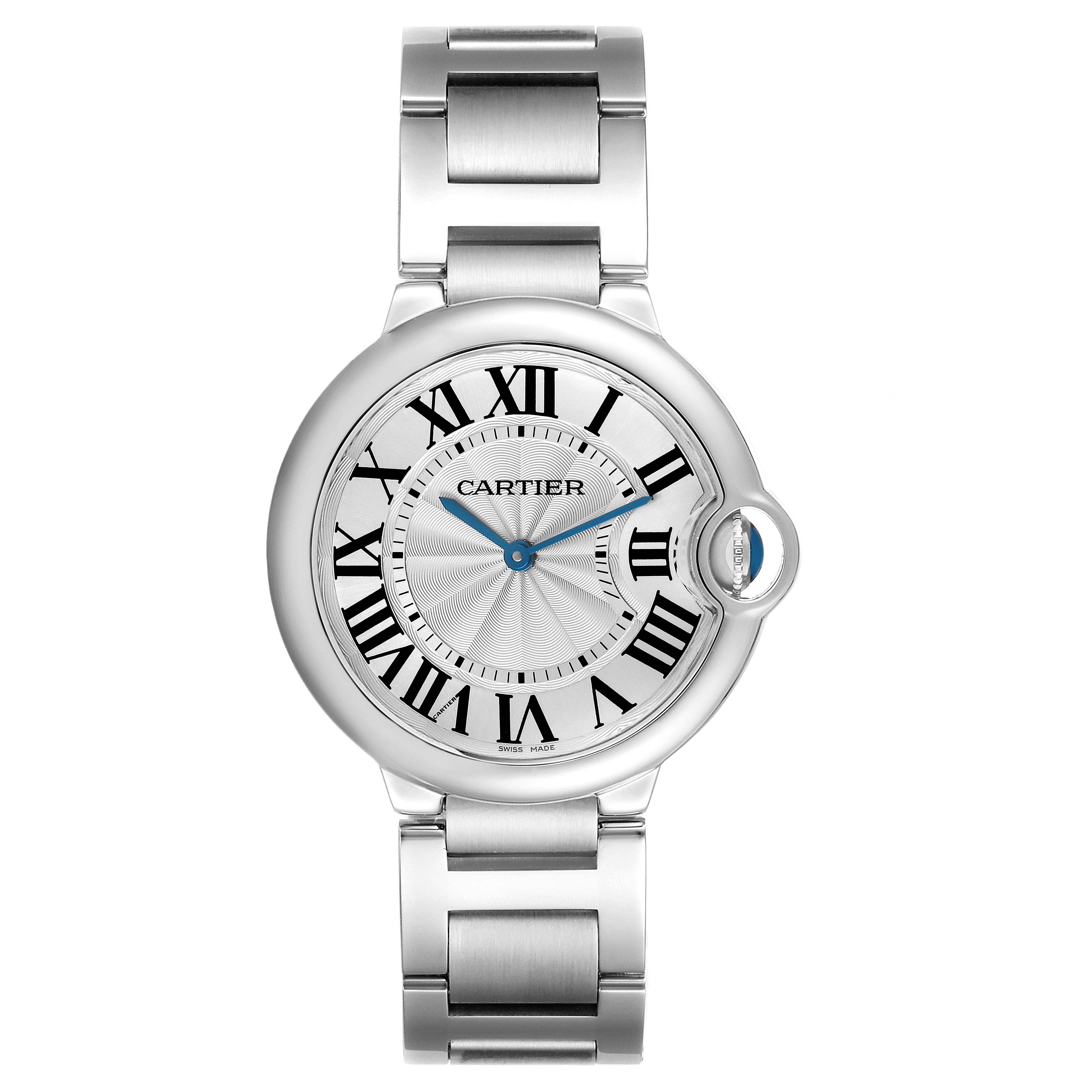The Cartier Ballon Bleu W69011Z4 Men's Stainless Steel Silver Dial watch is shown from the front, highlighting its face, bezel, crown, and bracelet.