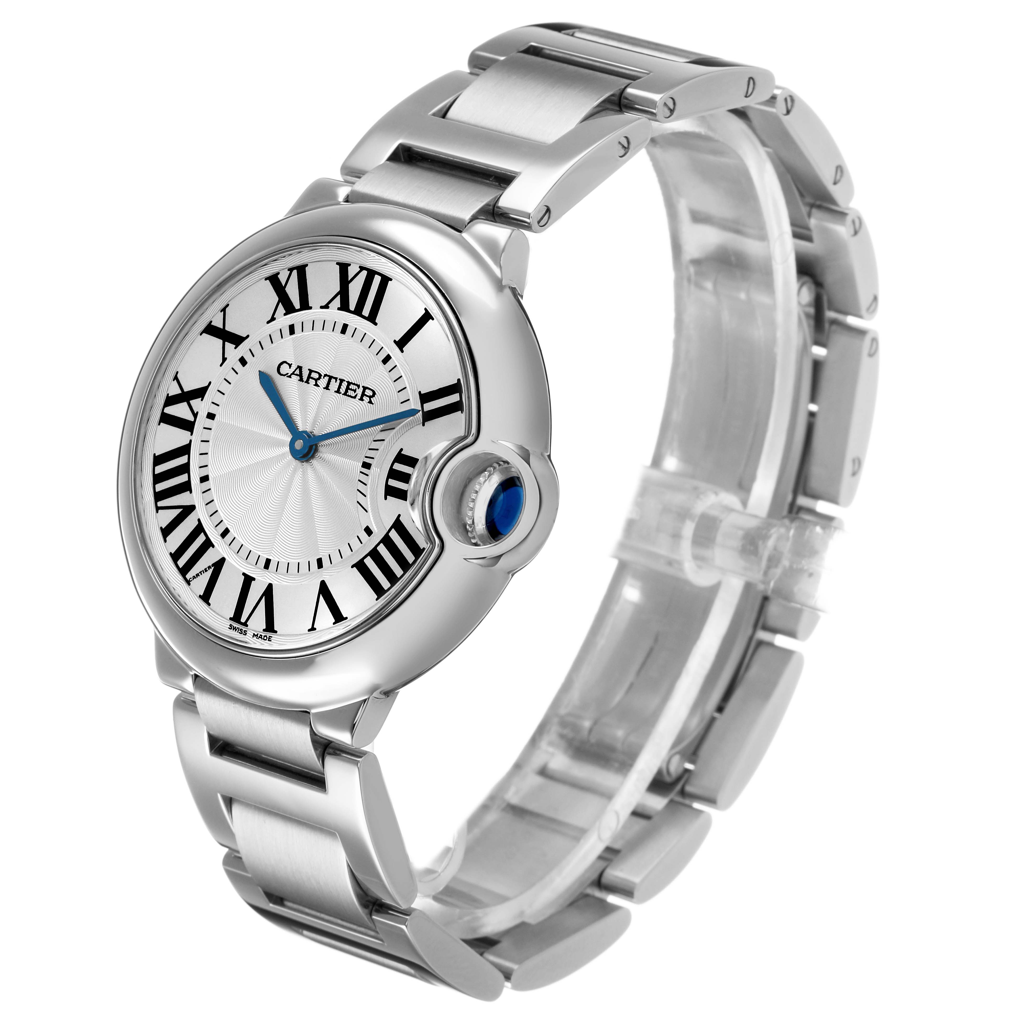 The Cartier Ballon Bleu W69011Z4 Men's Stainless Steel Silver Dial watch is shown at a three-quarter angle, highlighting the face, bezel, crown, and metal bracelet.