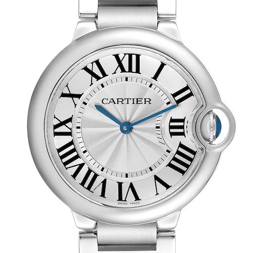 The image shows a front view of the Cartier Ballon Bleu W69011Z4 Men's Stainless Steel Silver Dial watch, highlighting its Roman numeral dial and blue hands.