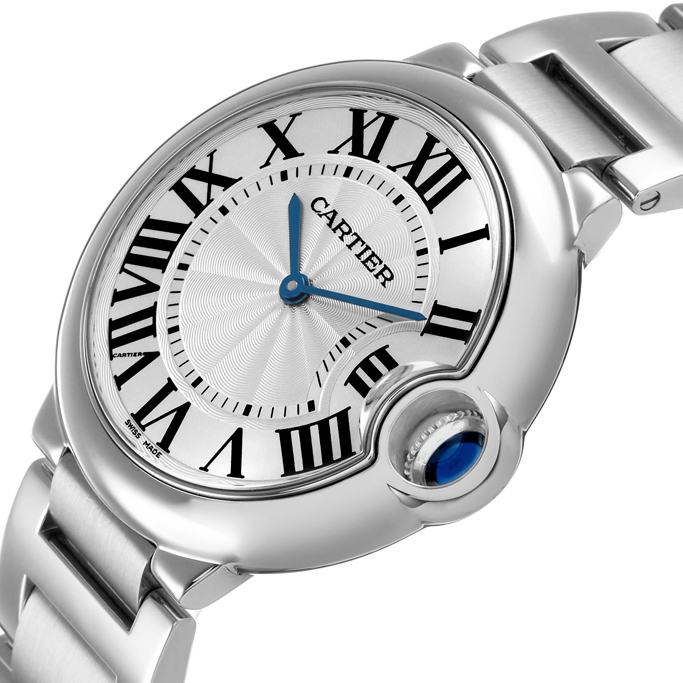 The Ballon Bleu by Cartier is shown at an angled view highlighting the dial, Roman numerals, blue hands, crown, and stainless steel bracelet.