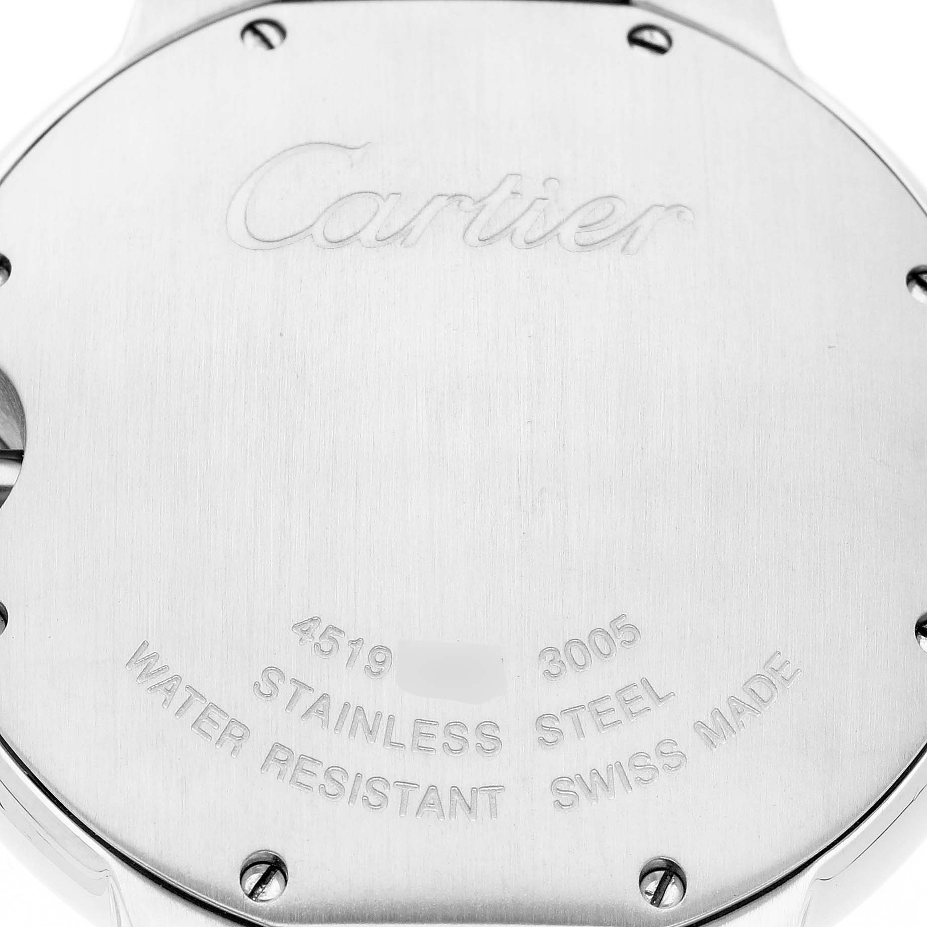 The image shows the back of a Cartier Ballon Bleu W69011Z4 Men's Stainless Steel Silver Dial watch, highlighting the stainless steel case and engraved details.