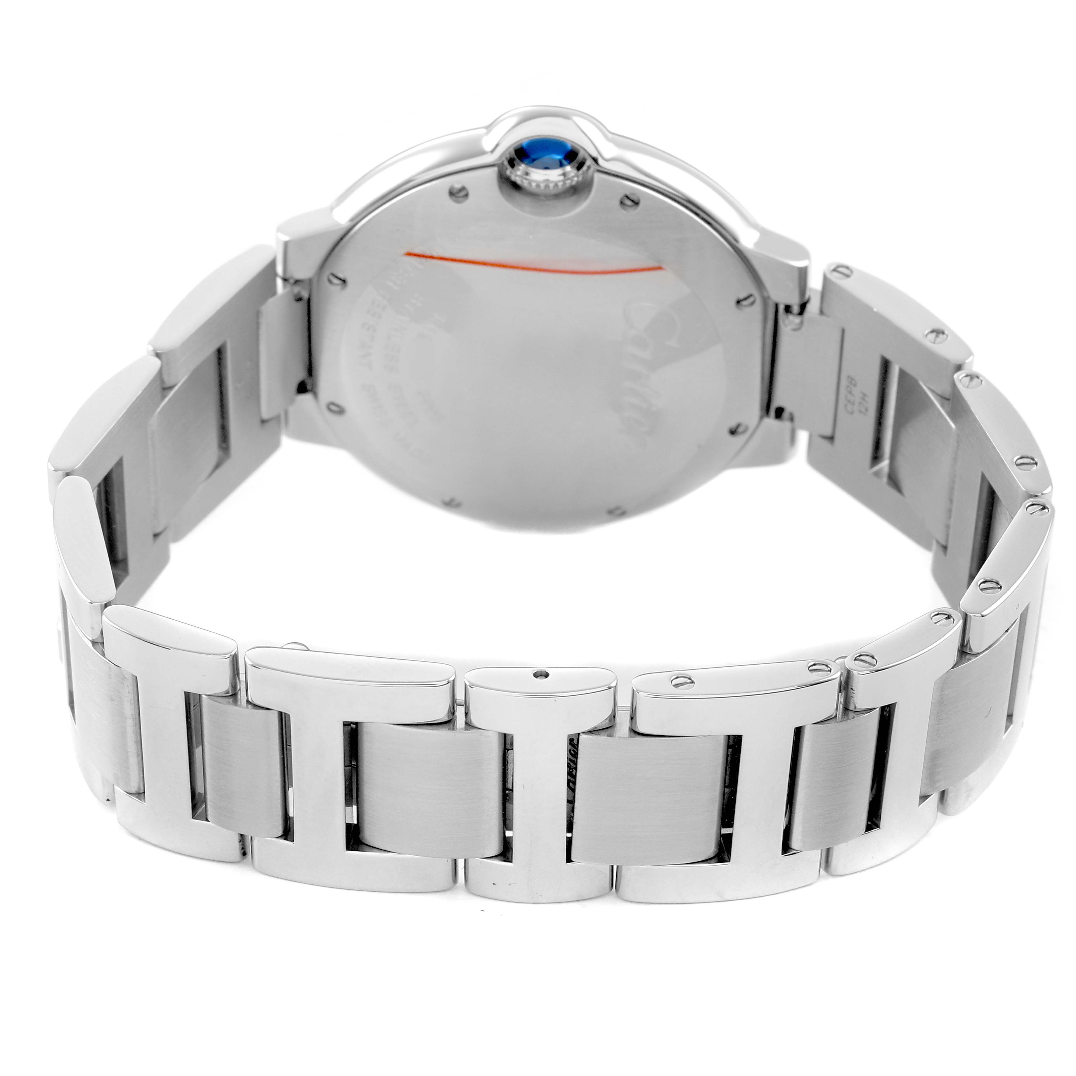 The image shows the back and bracelet of a Cartier Ballon Bleu W69011Z4 Men's Stainless Steel Silver Dial watch, focusing on its metallic finish and crown.