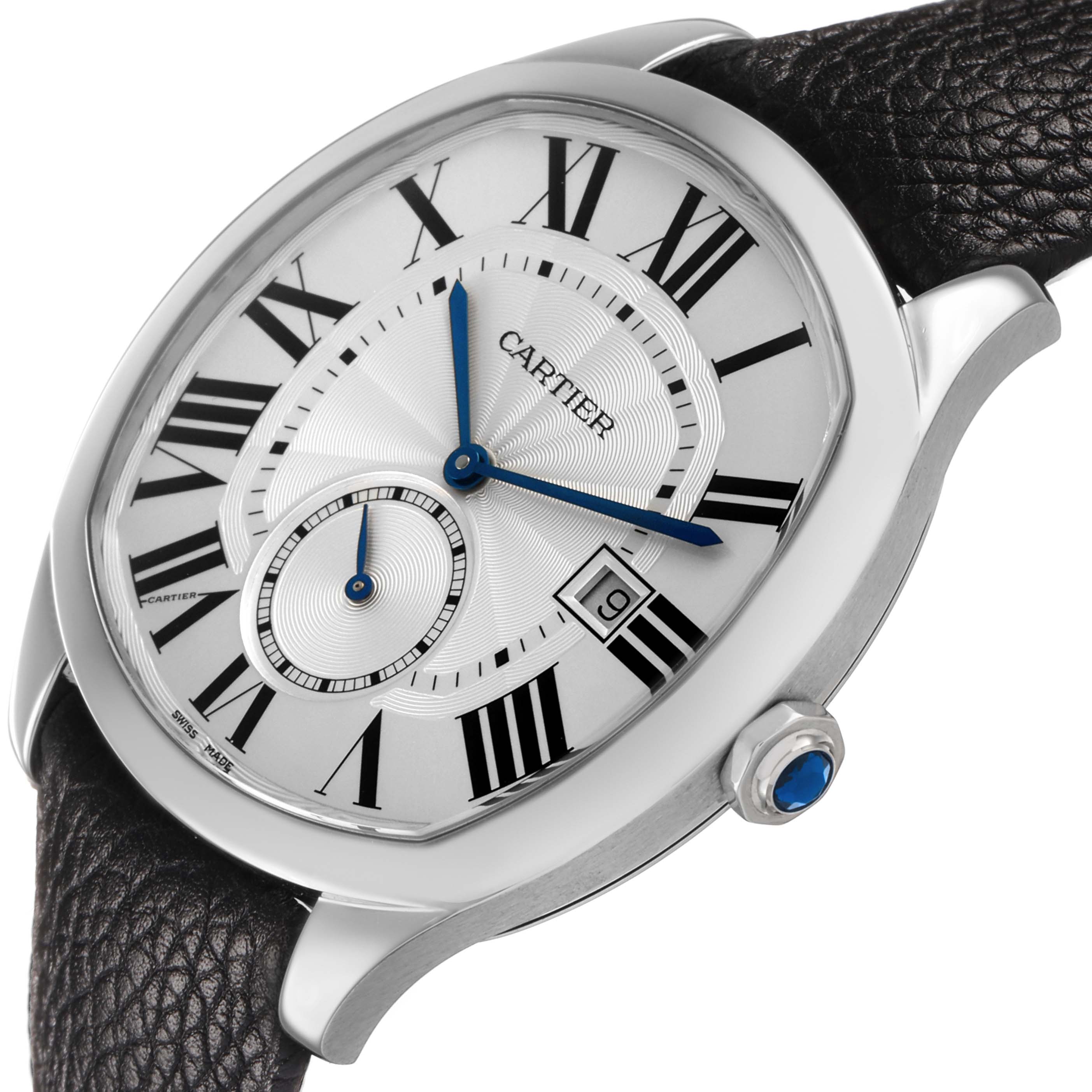 The Drive de Cartier watch is shown at a slight angle, highlighting the face, Roman numerals, and the crown with a blue cabochon.