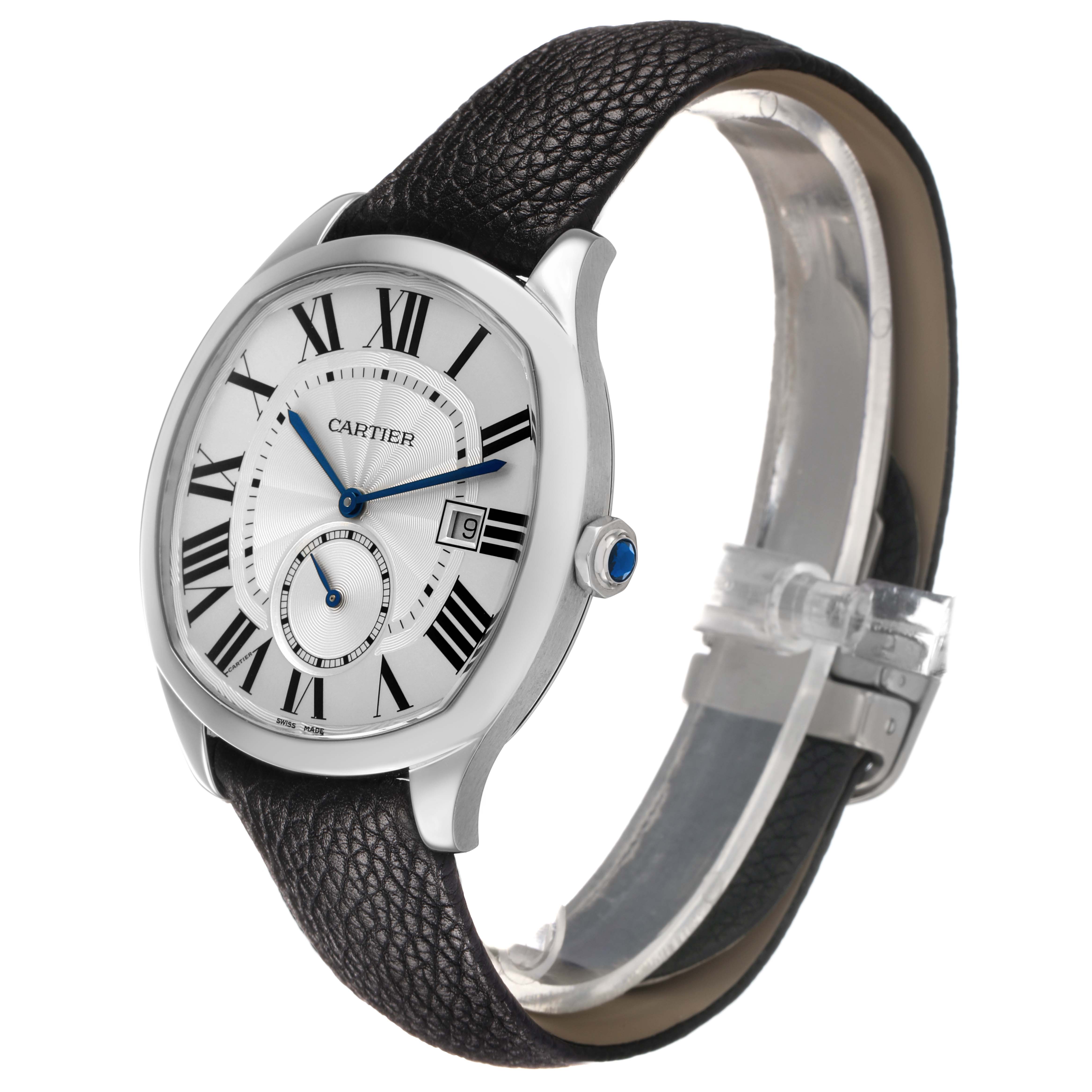 The Drive de Cartier watch is shown at an angled side view, highlighting the face, dial, and leather strap.