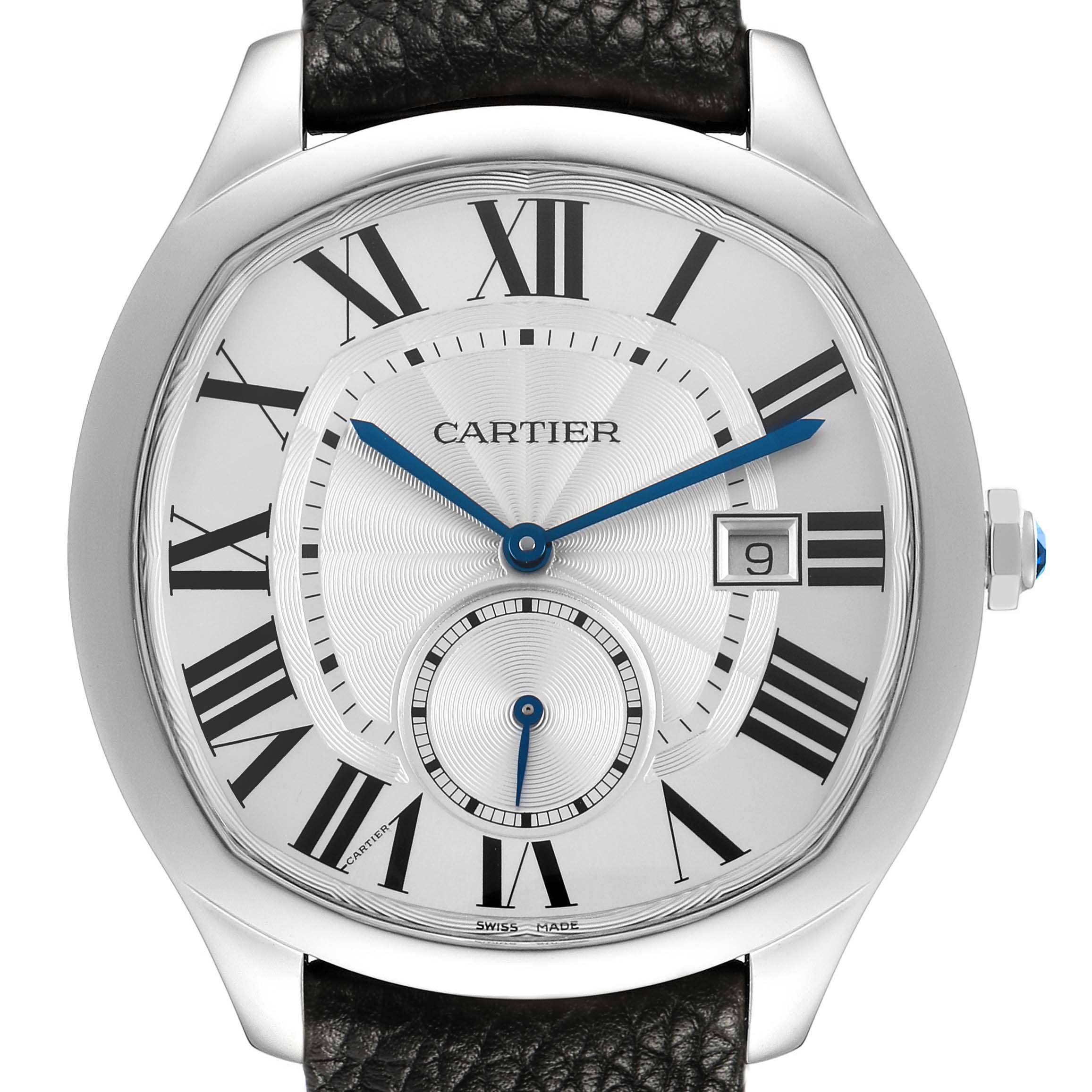 The image shows a front view of the Drive de Cartier watch by Cartier, highlighting its dial, Roman numerals, and hands.
