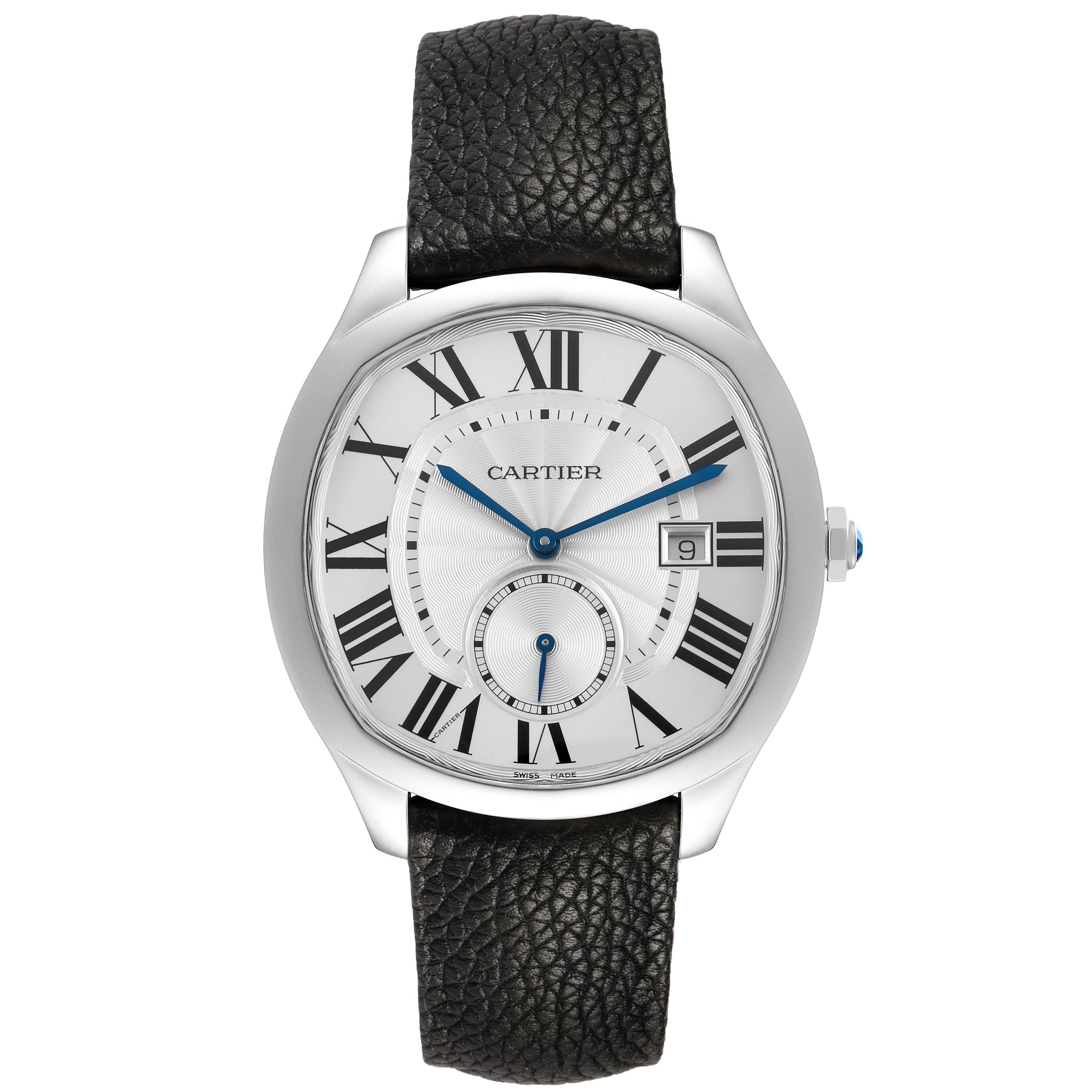 The Drive de Cartier watch is shown from the front, displaying its dial, Roman numerals, date window, and leather strap.