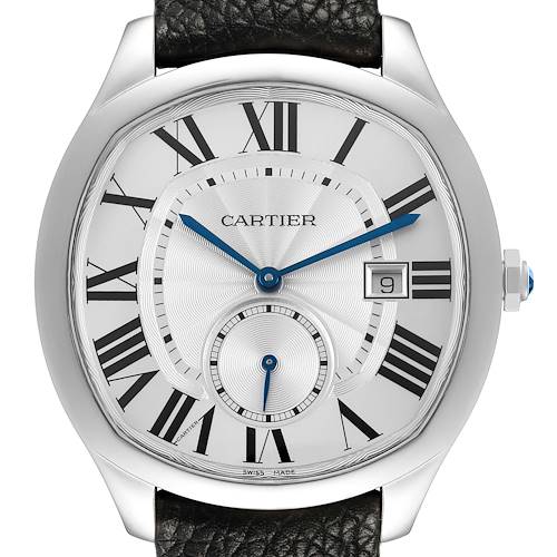 The Drive de Cartier watch by Cartier is shown from the front, featuring its dial, blue hands, Roman numerals, and date window.