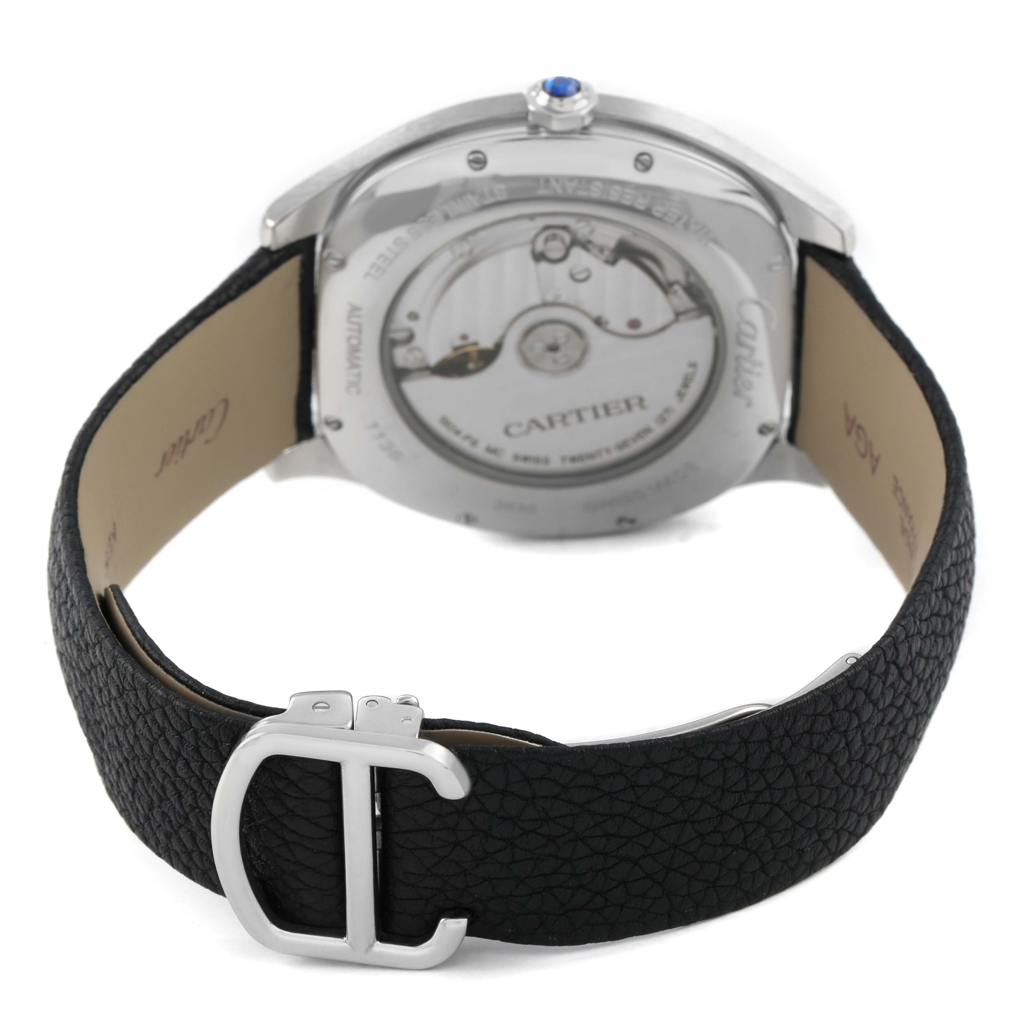 The image shows the back view of the Drive de Cartier watch, highlighting its transparent case back and leather strap.