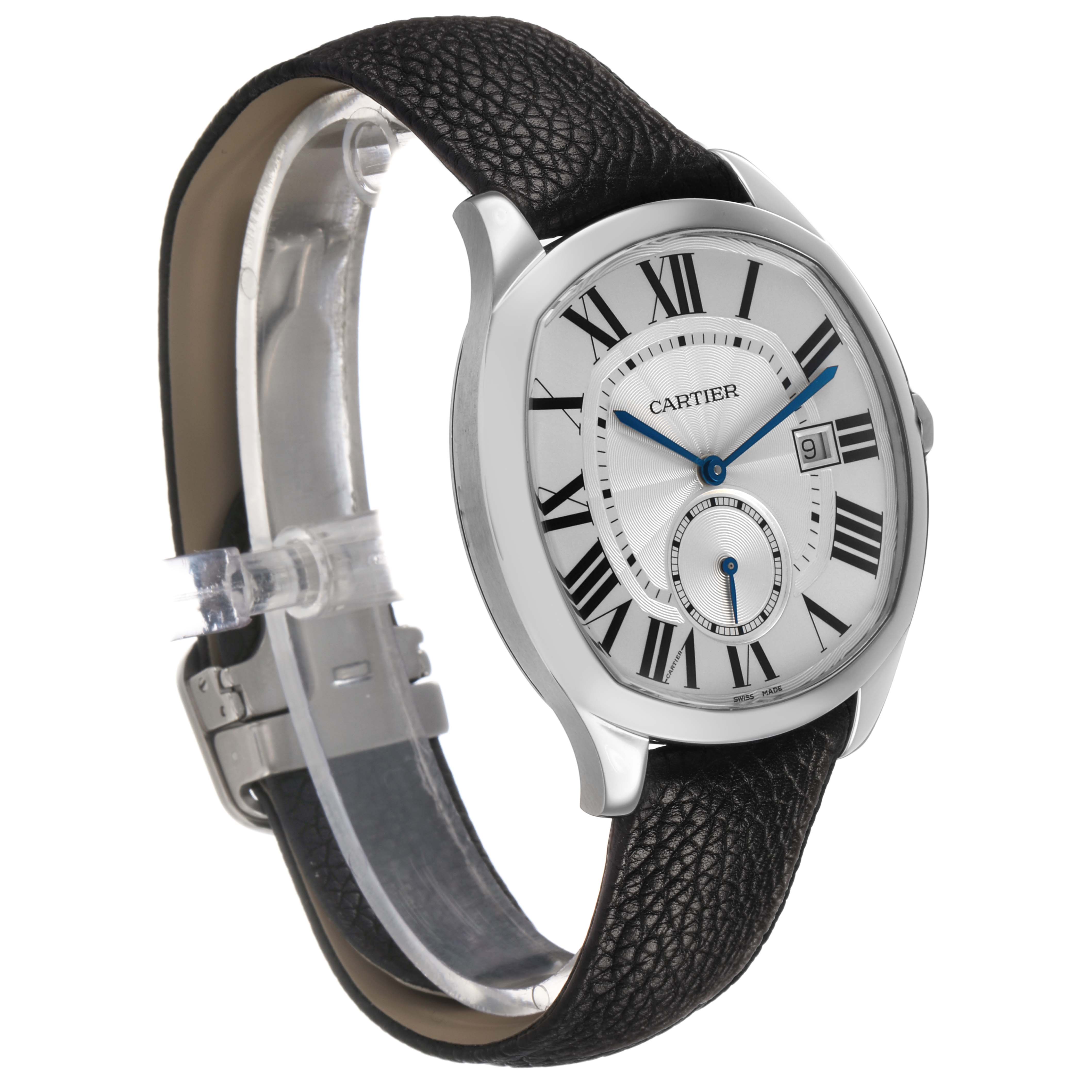The Drive de Cartier watch is shown at a slight angle, displaying the face, bezel, case, strap, and clasp.