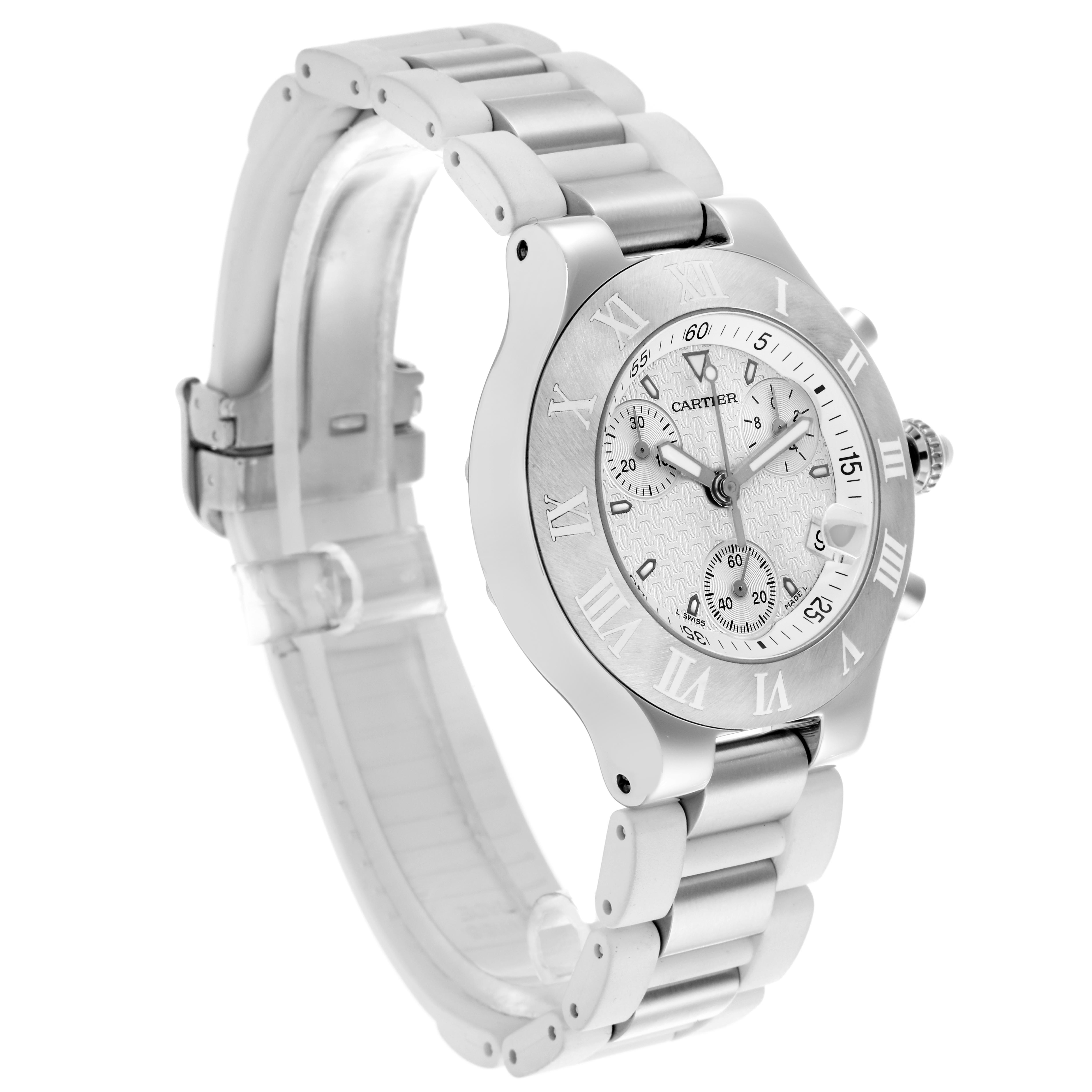 The Cartier Must 21 W10184U2 Women's Stainless Steel White Dial W10184U2 Women's Stainless Steel White Dial Chronoscaph watch is shown at a side angle, highlighting the face, crown, and bracelet.