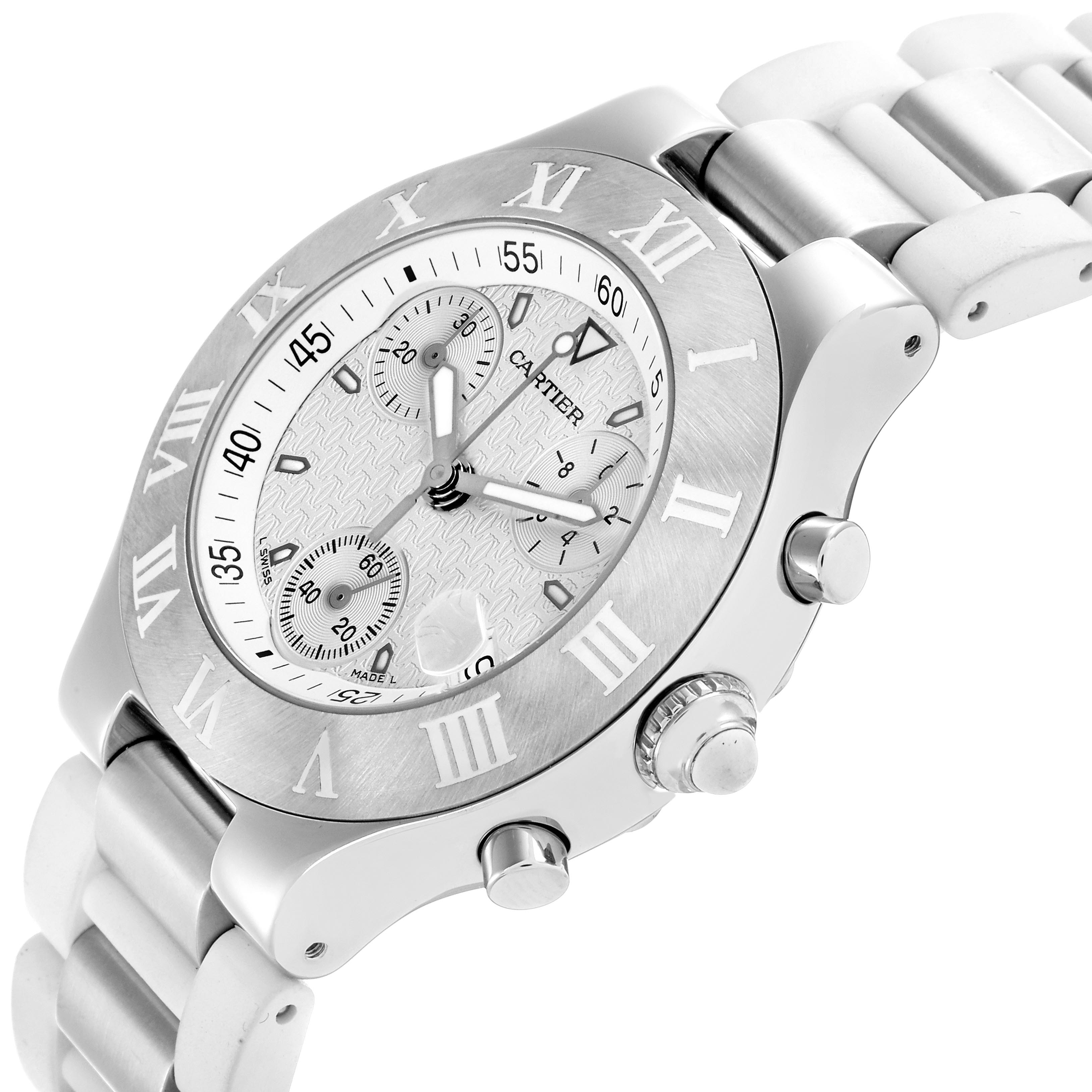 The Cartier Must 21 W10184U2 Women's Stainless Steel White Dial W10184U2 Women's Stainless Steel White Dial Chronoscaph is shown at an angled close-up, highlighting the dial, bezel, and part of the bracelet.