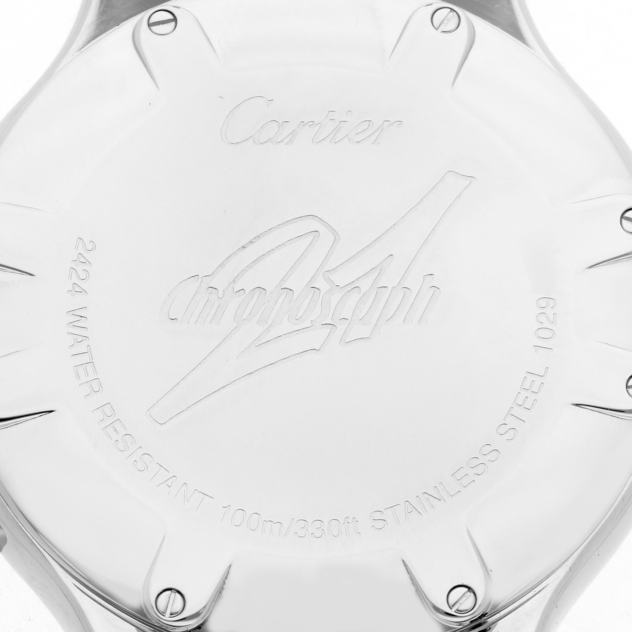 The image shows the back case of a Cartier Must 21 W10184U2 Women's Stainless Steel White Dial W10184U2 Women's Stainless Steel White Dial Chronoscaph, highlighting its engravings and screws.