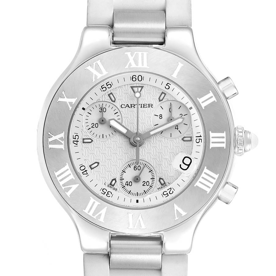 The Cartier Must 21 Chronoscaph watch is shown front-facing, highlighting its dial, subdials, and bezel.