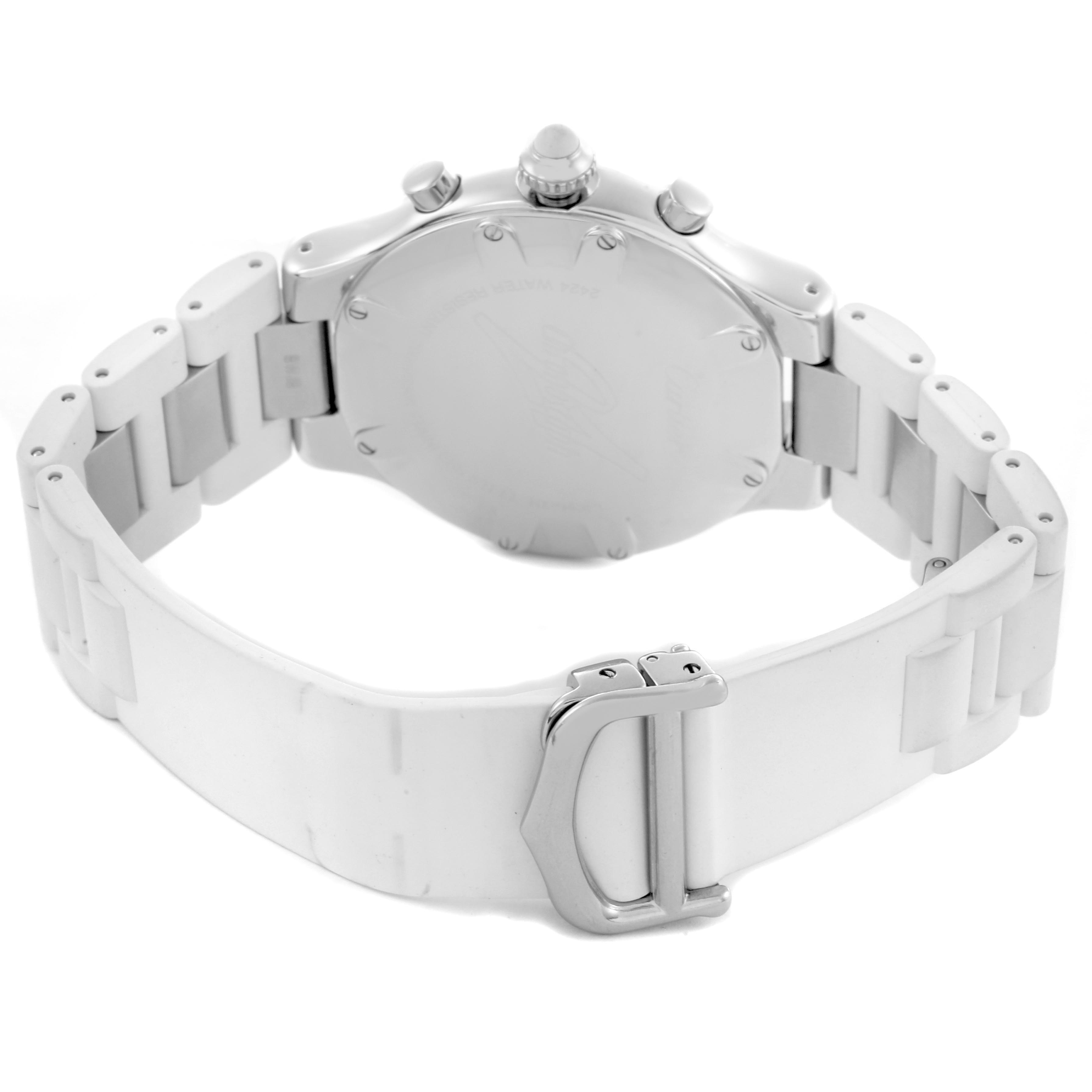 The image shows the back of a Cartier Must 21 W10184U2 Women's Stainless Steel White Dial W10184U2 Women's Stainless Steel White Dial Chronoscaph watch, highlighting its bracelet and clasp.