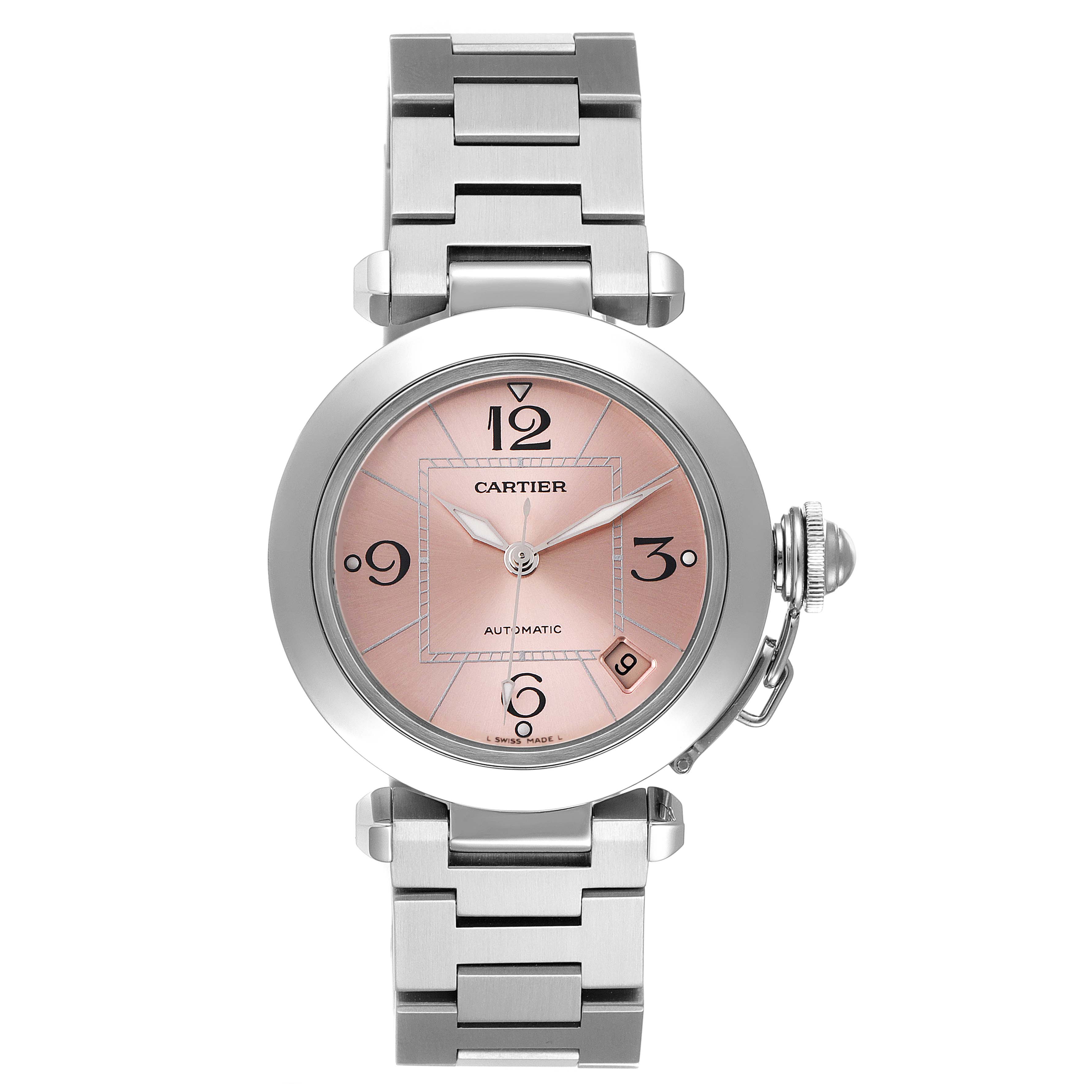 The image shows a front view of the Cartier Pasha W31075M7 Women's Stainless Steel Pink Dial W31075M7 Women's Stainless Steel Pink Dial watch, highlighting its face, bezel, and metal bracelet.