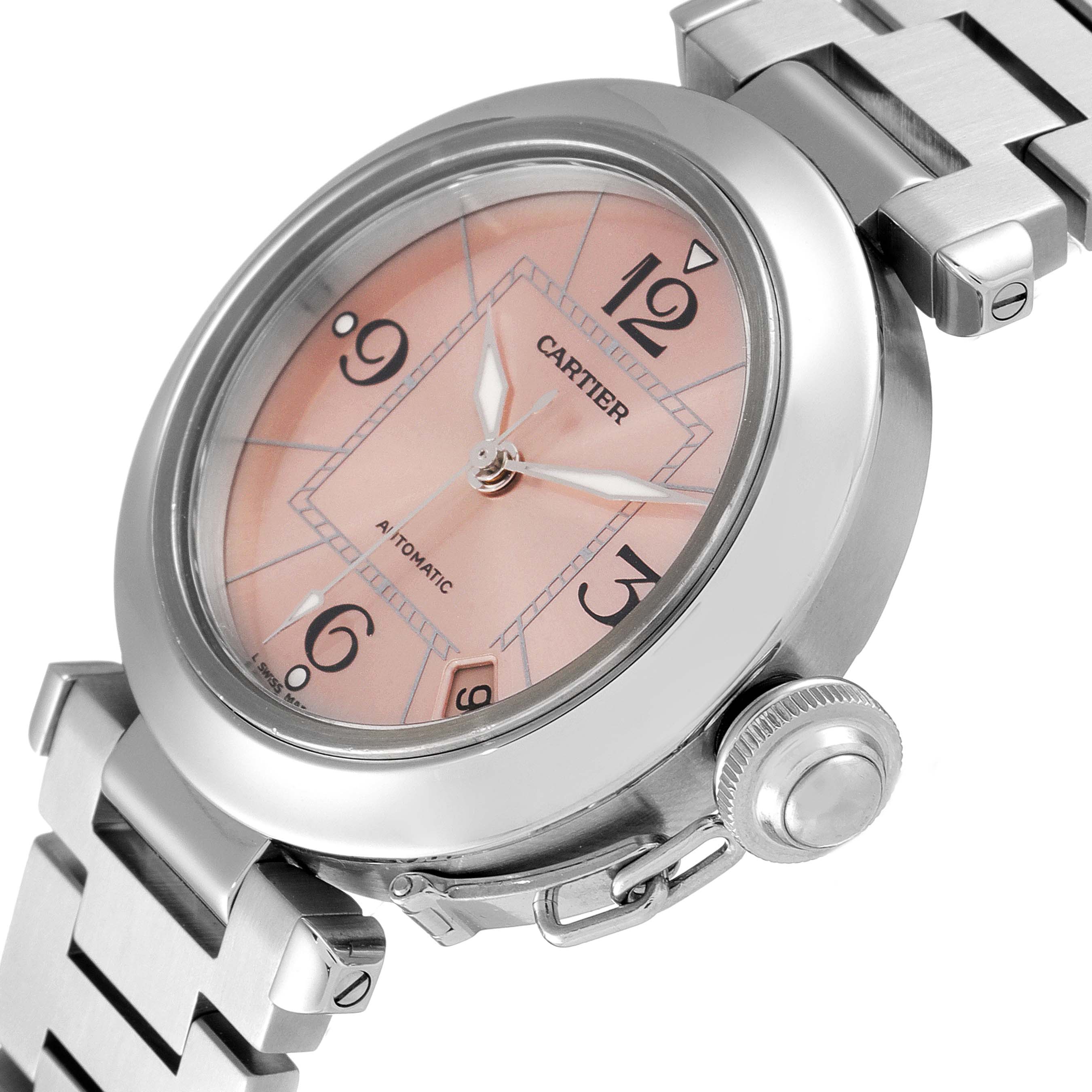 This image shows a Cartier Pasha W31075M7 Women's Stainless Steel Pink Dial W31075M7 Women's Stainless Steel Pink Dial watch at an angle highlighting the dial, crown, and part of the metal bracelet.