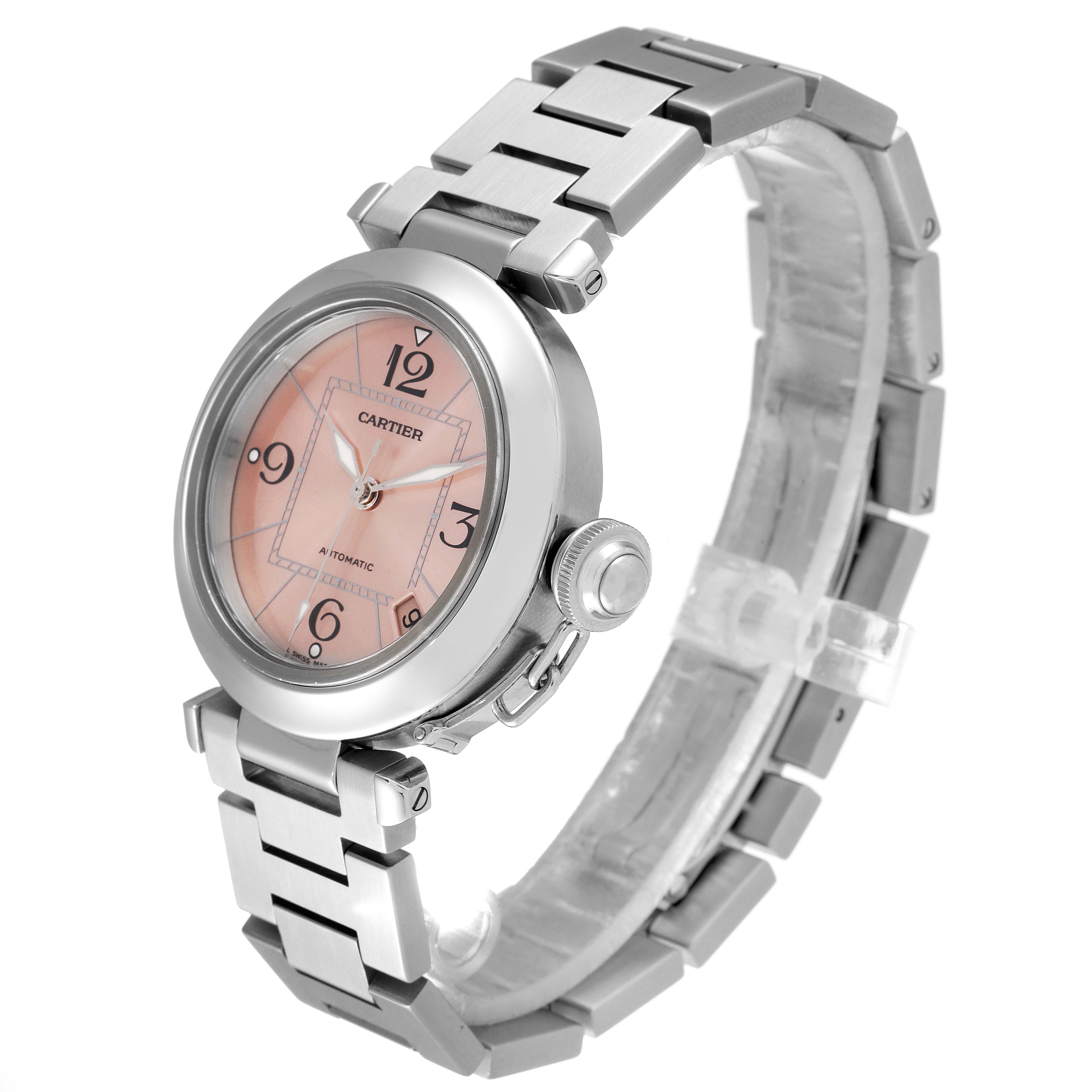 This is a side view of the Cartier Pasha W31075M7 Women's Stainless Steel Pink Dial W31075M7 Women's Stainless Steel Pink Dial watch, showing the face, bezel, crown, and metal bracelet.