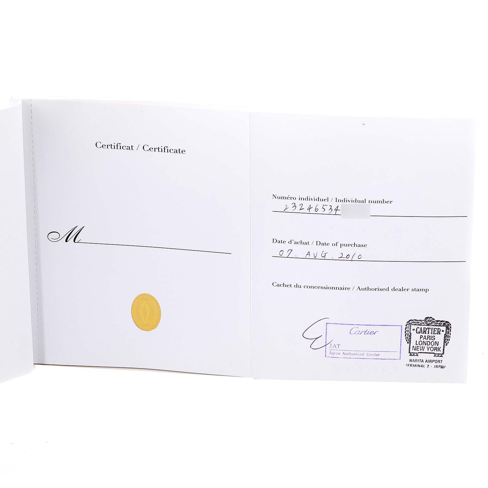 The image shows the open warranty booklet for the Pasha model by Cartier, including the purchase date and dealer stamp.