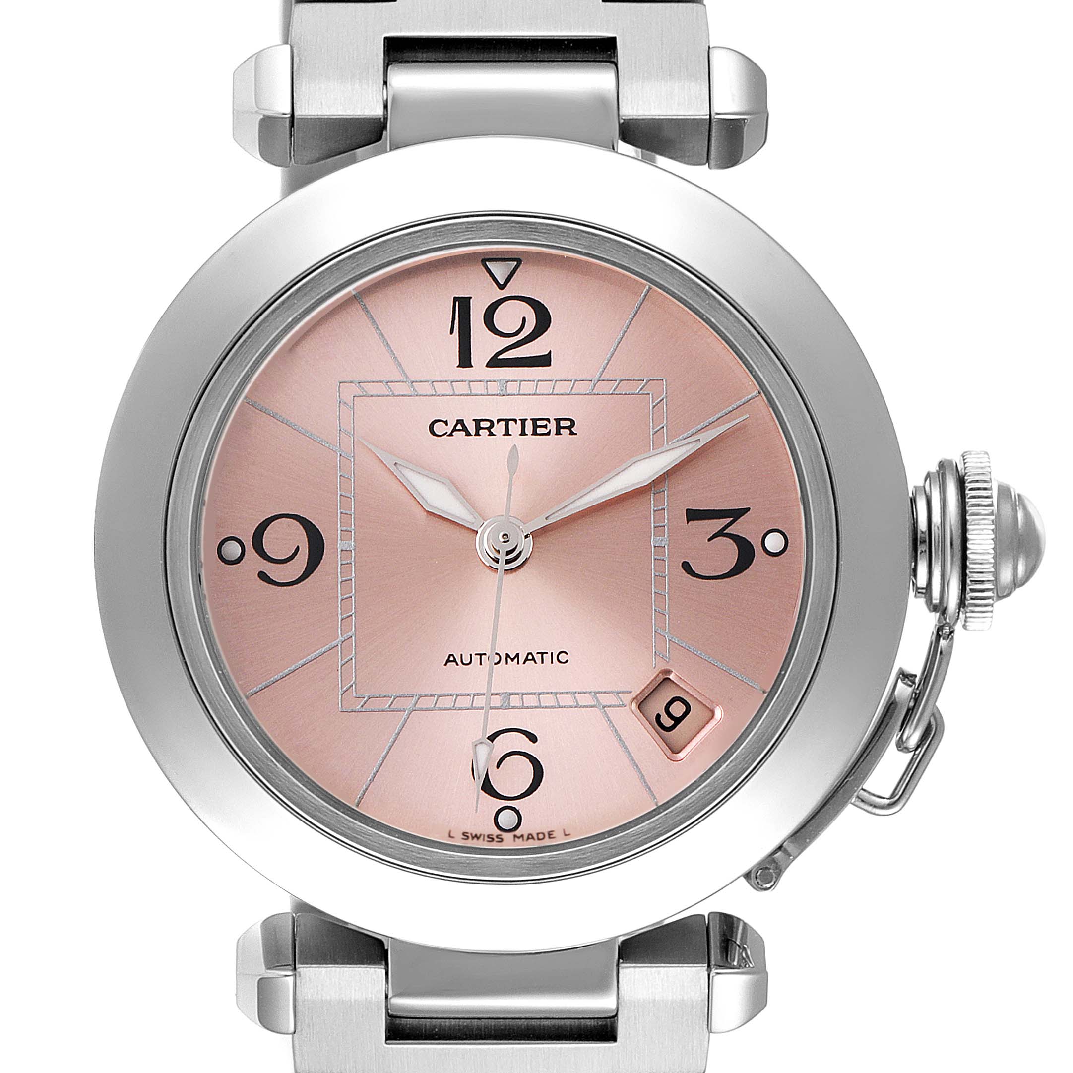 The image shows a Cartier Pasha W31075M7 Women's Stainless Steel Pink Dial W31075M7 Women's Stainless Steel Pink Dial watch face viewed head-on, featuring a pink dial, silver hands, and a steel case with a chain-link bracelet.