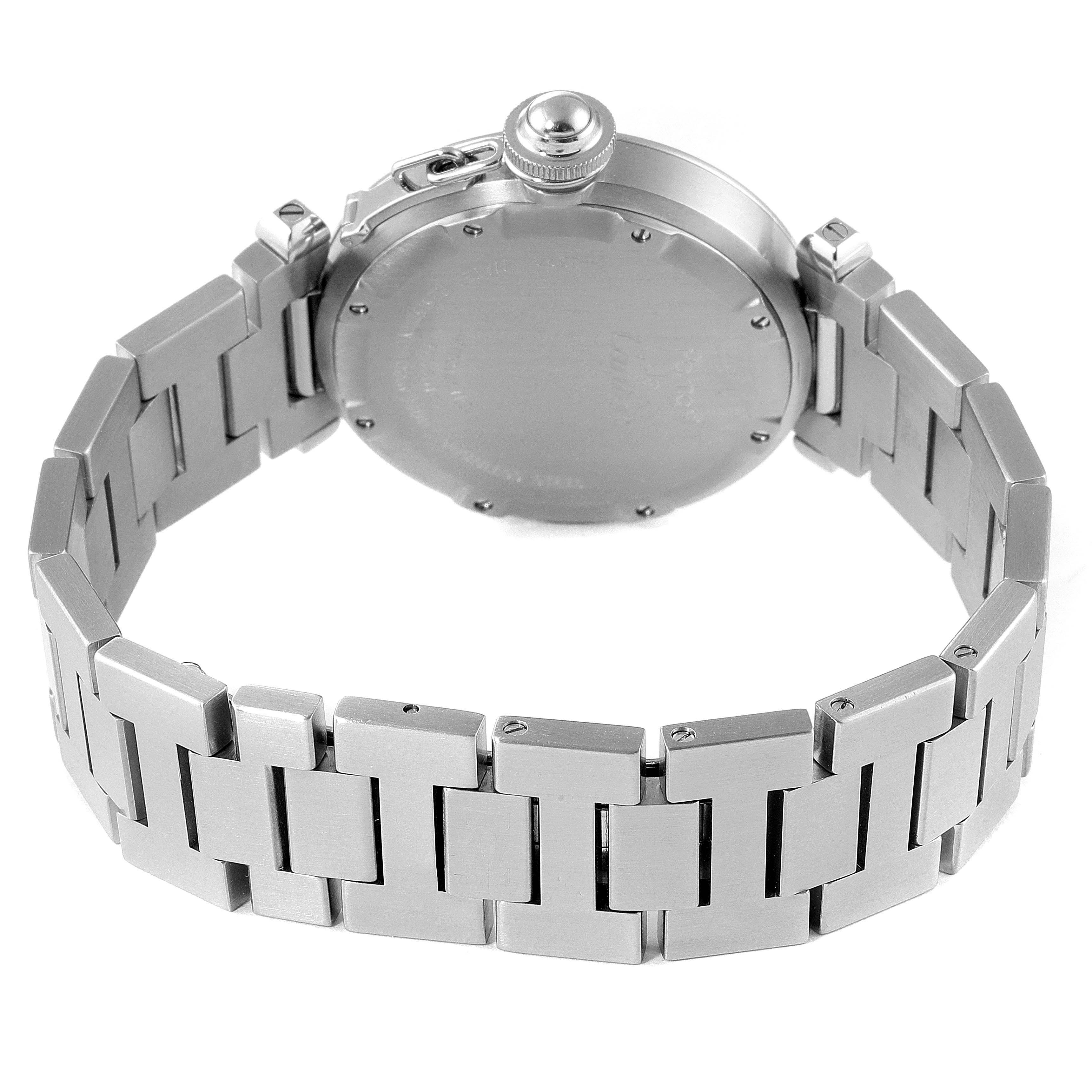 The image shows the stainless steel bracelet and back case of a Cartier Pasha W31075M7 Women's Stainless Steel Pink Dial W31075M7 Women's Stainless Steel Pink Dial model watch from a rear angle.