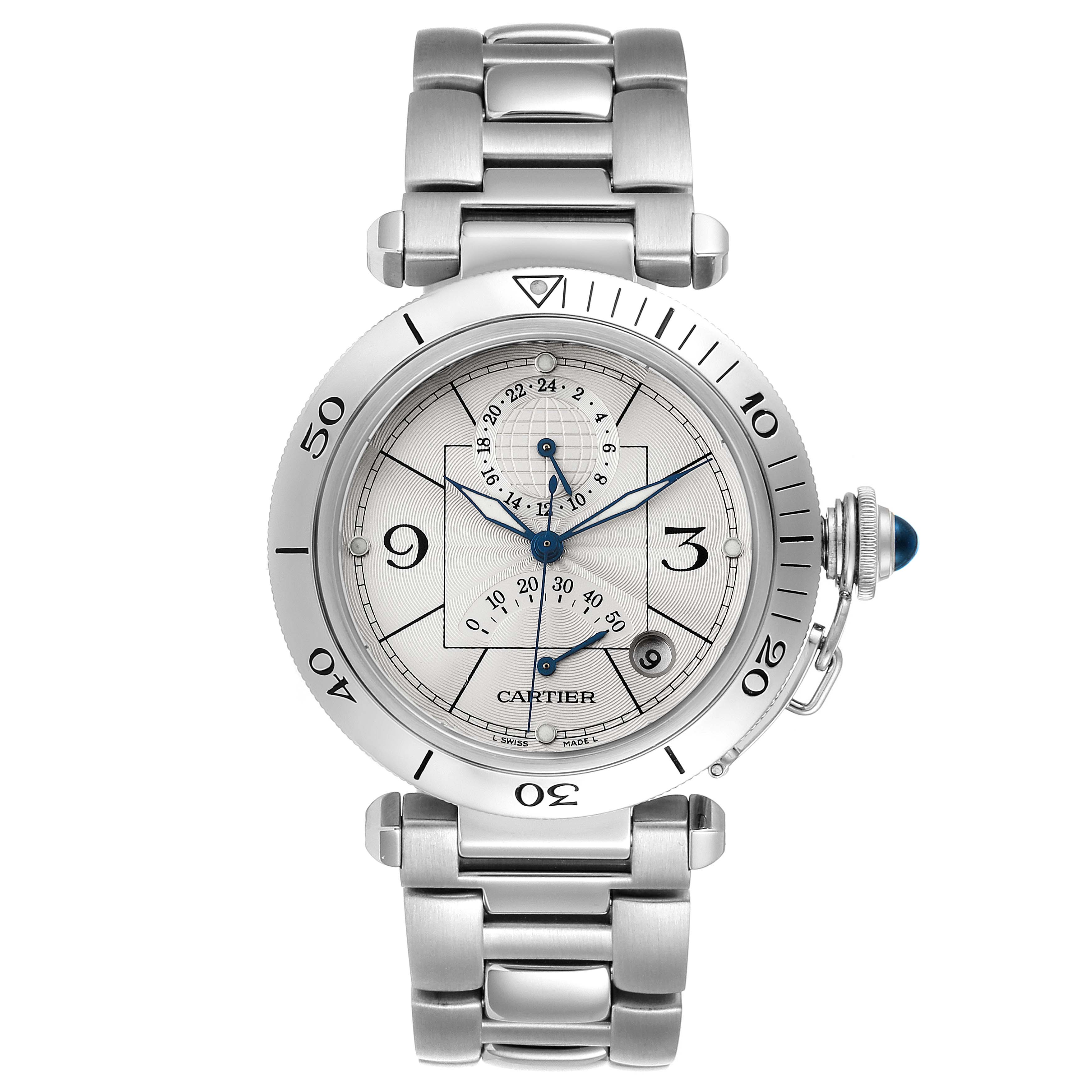 This image shows a front view of the Cartier Pasha W31037H3 Men
s Stainless Steel Silver Dial W31037H3 Men
s Stainless Steel Silver Dial watch, highlighting its face, bezel, and bracelet.