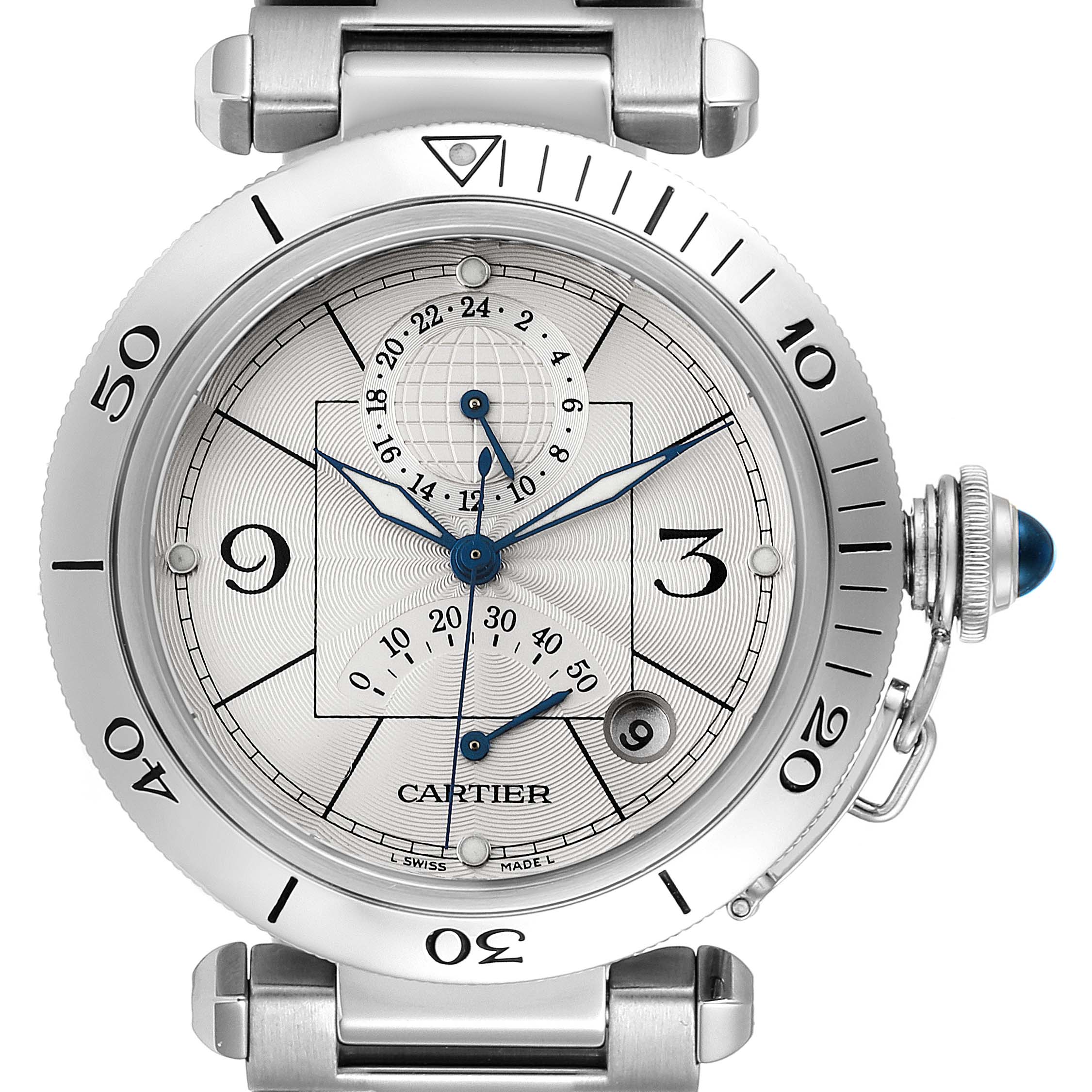 The image shows a frontal view of a Cartier Pasha W31037H3 Men
s Stainless Steel Silver Dial W31037H3 Men
s Stainless Steel Silver Dial watch displaying its dial, bezel, and crown.