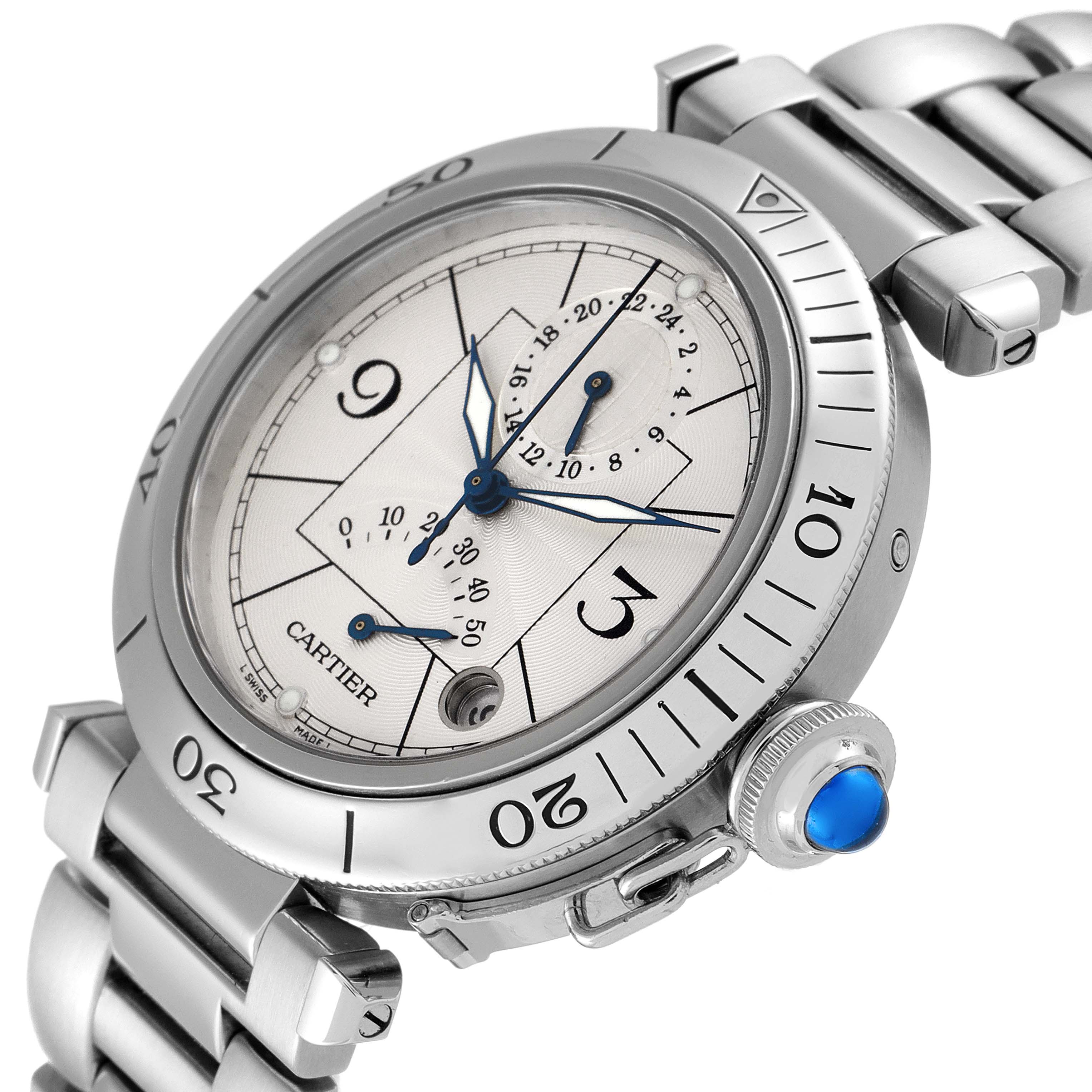The Cartier Pasha W31037H3 Men
s Stainless Steel Silver Dial W31037H3 Men
s Stainless Steel Silver Dial watch is shown at a slight angle, highlighting its dial, bezel, crown, and bracelet.