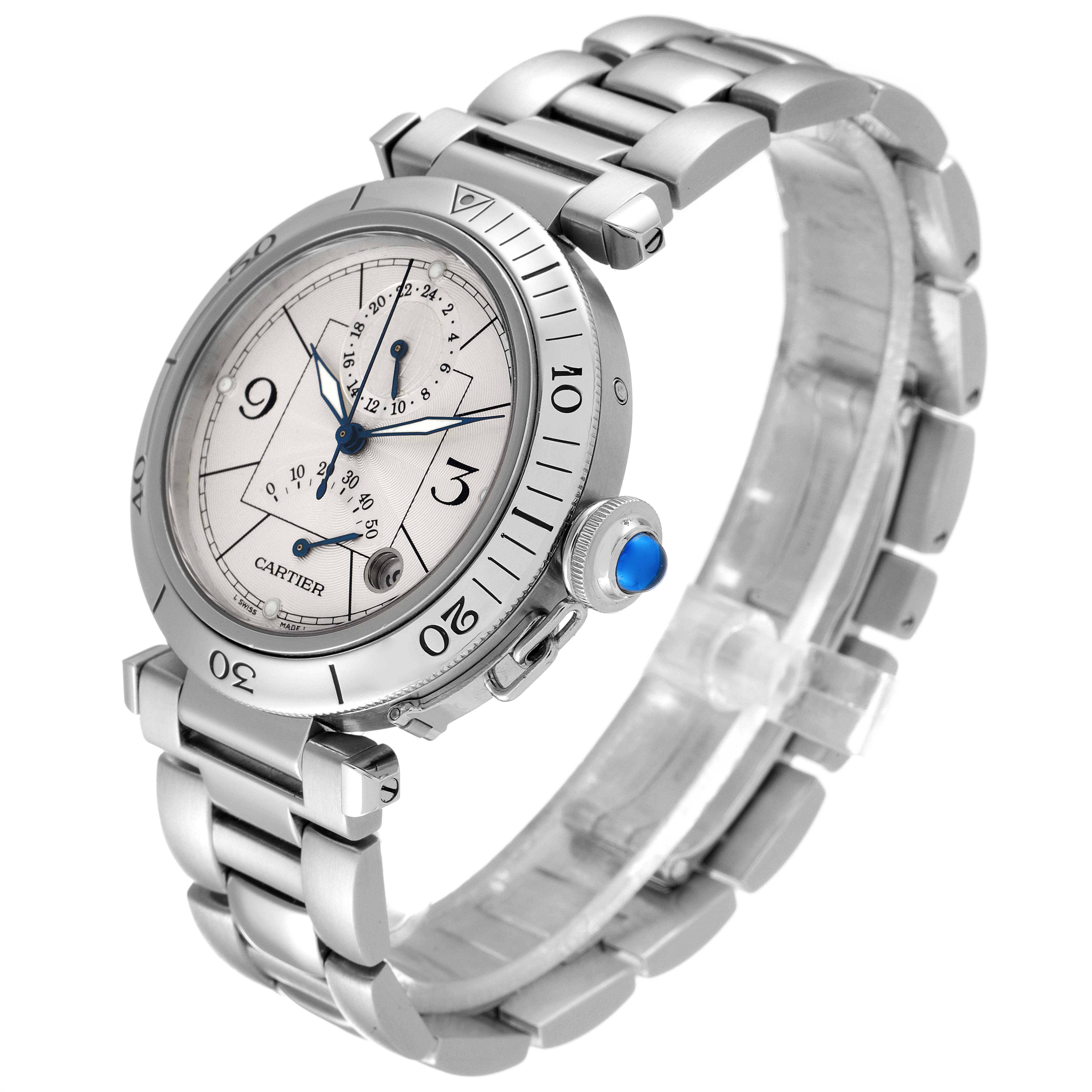 The image shows a Cartier Pasha W31037H3 Men
s Stainless Steel Silver Dial W31037H3 Men
s Stainless Steel Silver Dial model watch at a slight angle, highlighting the face, bezel, and metal bracelet.