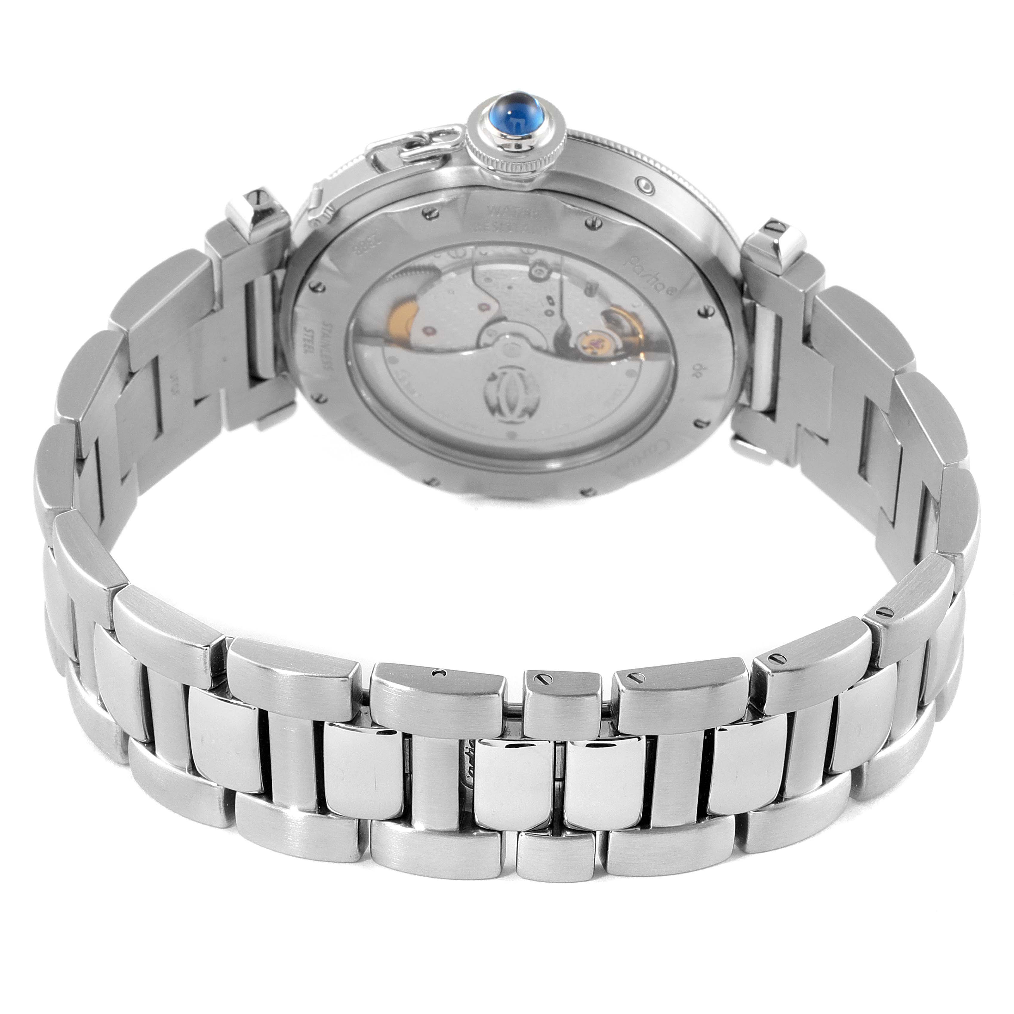 The image shows the back view of a Cartier Pasha W31037H3 Men
s Stainless Steel Silver Dial W31037H3 Men
s Stainless Steel Silver Dial watch, highlighting the bracelet and the watch movement through the transparent case back.