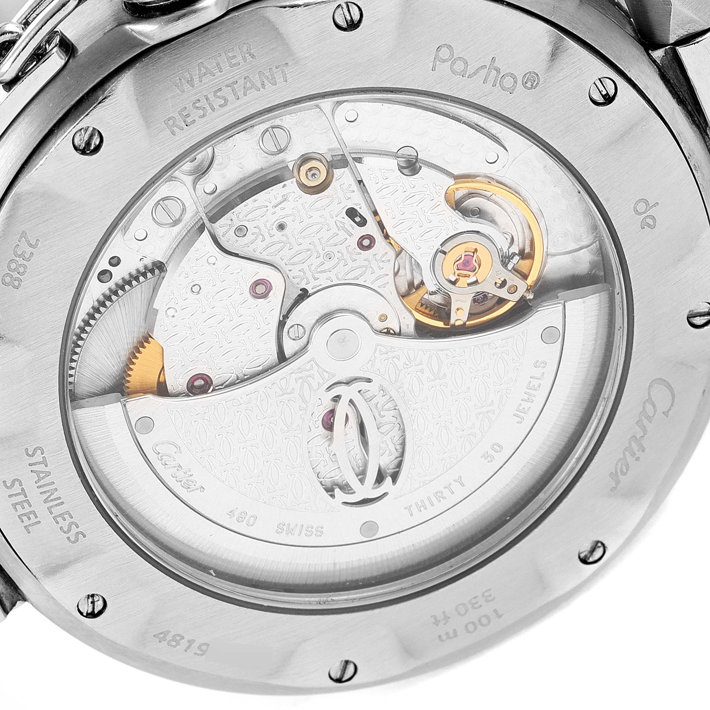 The image shows the back view of a Cartier Pasha W31037H3 Men
s Stainless Steel Silver Dial W31037H3 Men
s Stainless Steel Silver Dial watch, revealing the intricate mechanical movement and internal components.