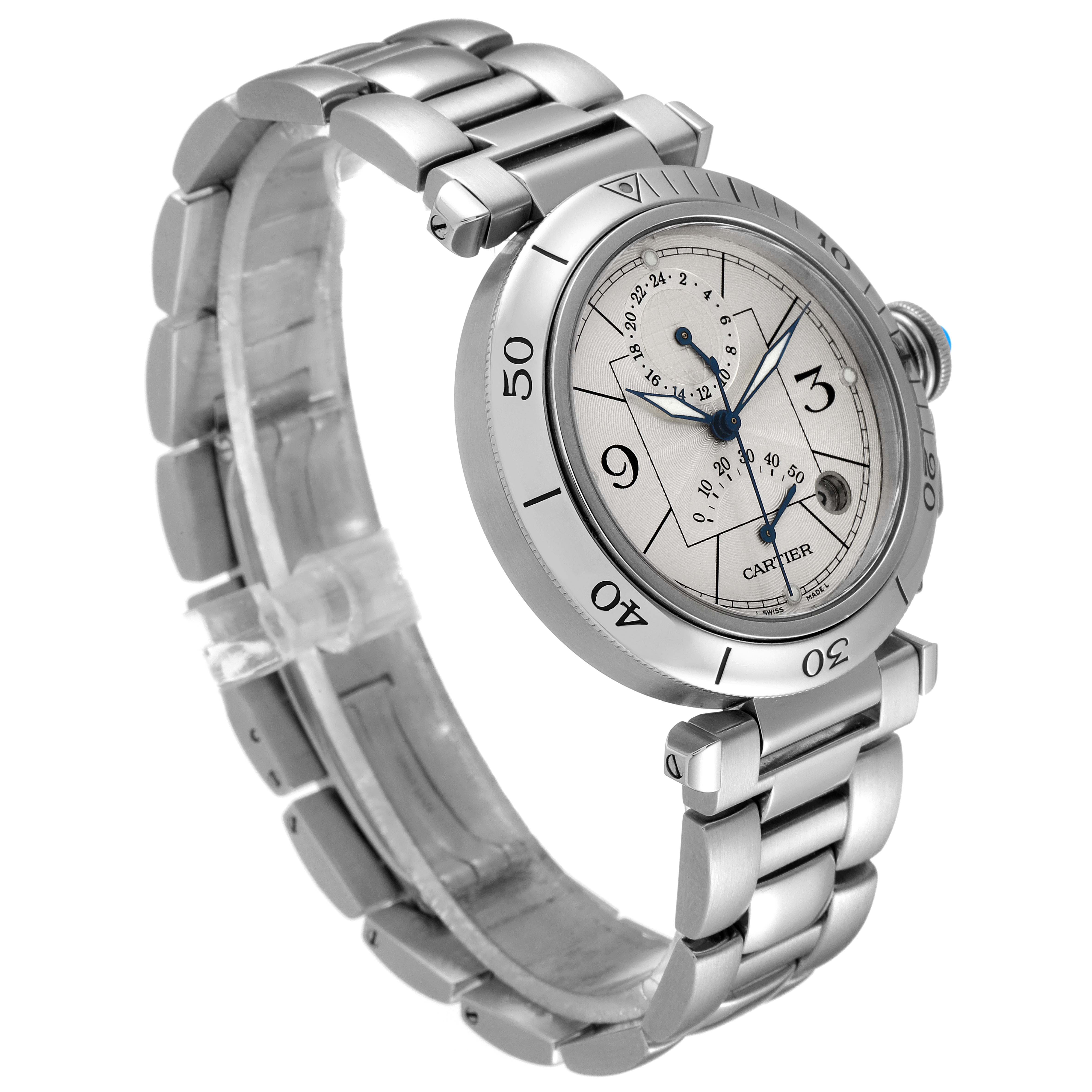 The Cartier Pasha W31037H3 Men
s Stainless Steel Silver Dial W31037H3 Men
s Stainless Steel Silver Dial watch is shown at a three-quarter angle displaying its round face, bezel, bracelet, and crown in detail.