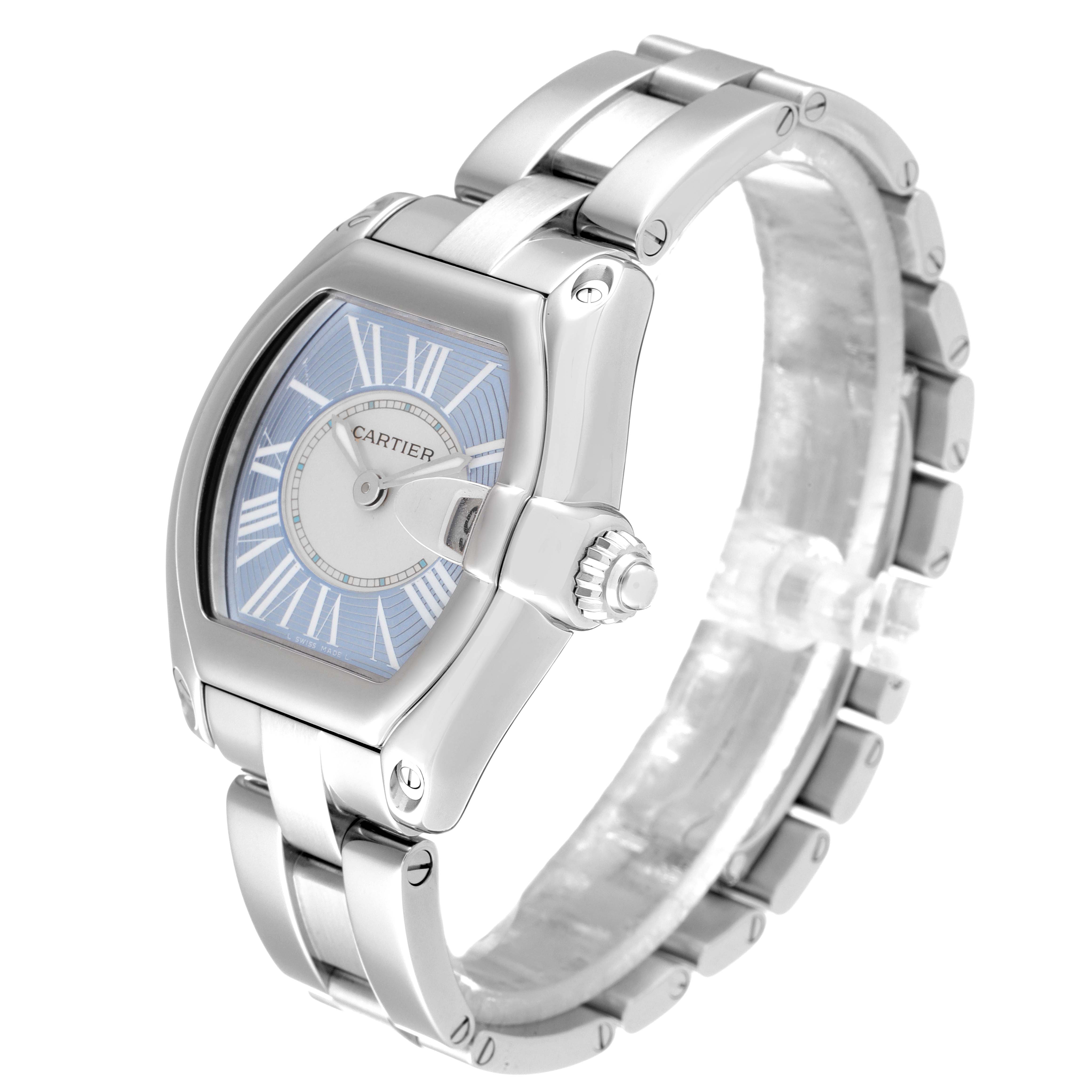 The image shows a Cartier Roadster W62053V3 Women's Stainless Steel Blue Dial W62053V3 Women's Stainless Steel Blue Dial watch at a slight angle, highlighting the face, crown, and part of the bracelet.