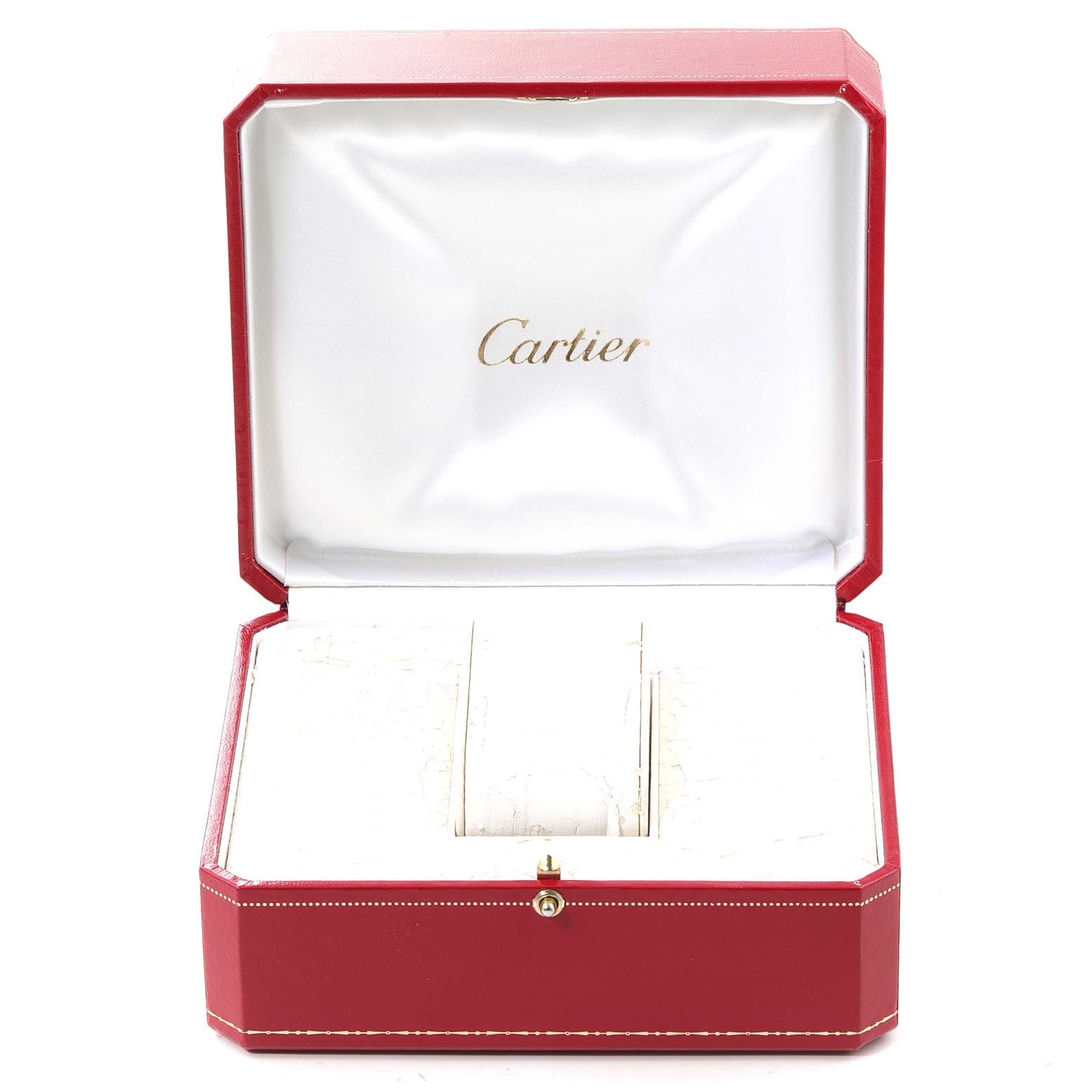 This image shows an open Cartier Roadster W62053V3 Women's Stainless Steel Blue Dial W62053V3 Women's Stainless Steel Blue Dial watch case with no watch inside, displaying the brand's logo inside the lid.