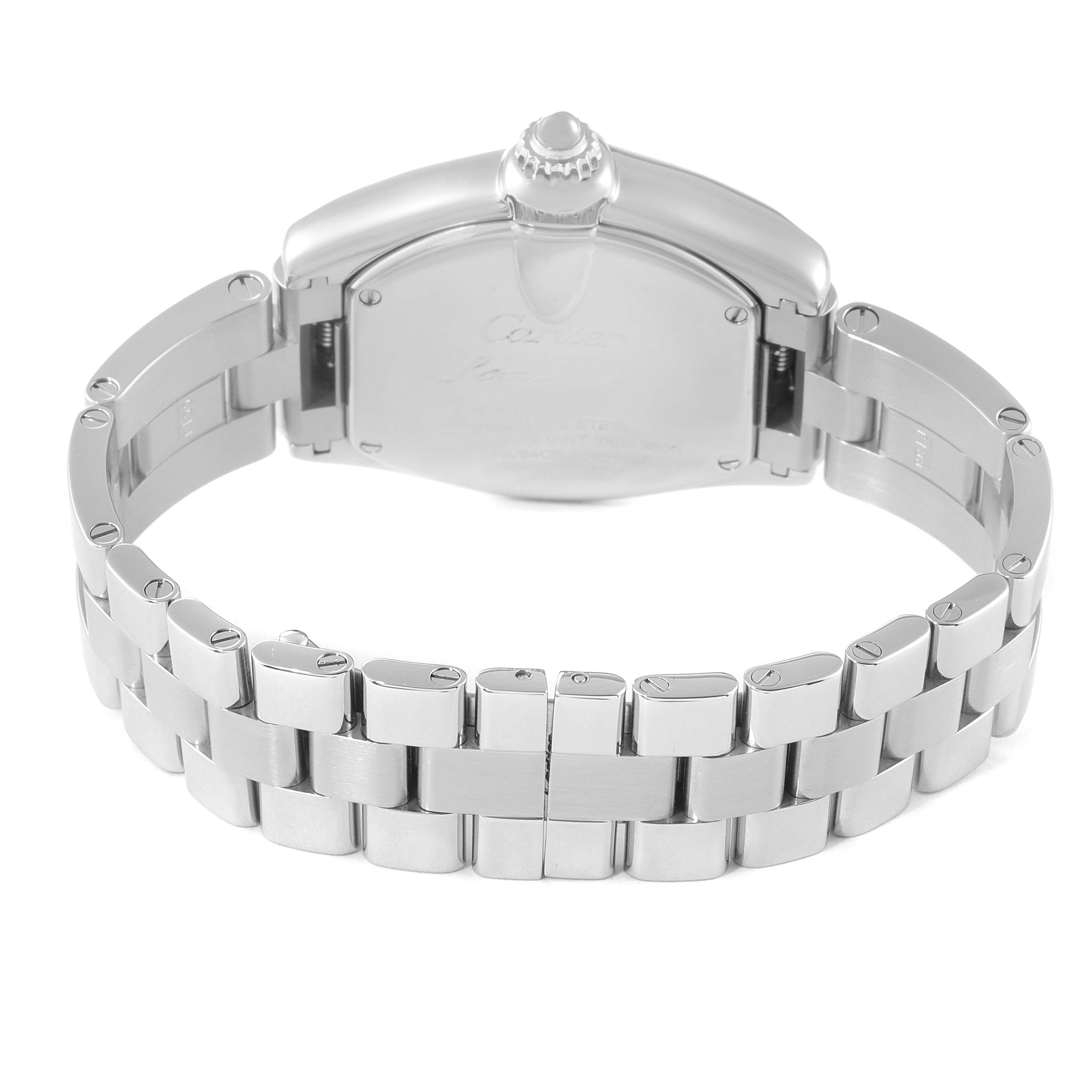 The image shows the back and bracelet of the Cartier Roadster W62053V3 Women's Stainless Steel Blue Dial W62053V3 Women's Stainless Steel Blue Dial watch from a rear angle.