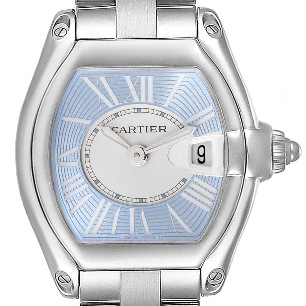This image shows a front view of a Cartier Roadster W62053V3 Women's Stainless Steel Blue Dial W62053V3 Women's Stainless Steel Blue Dial watch, highlighting its dial, bezel, and part of the bracelet.