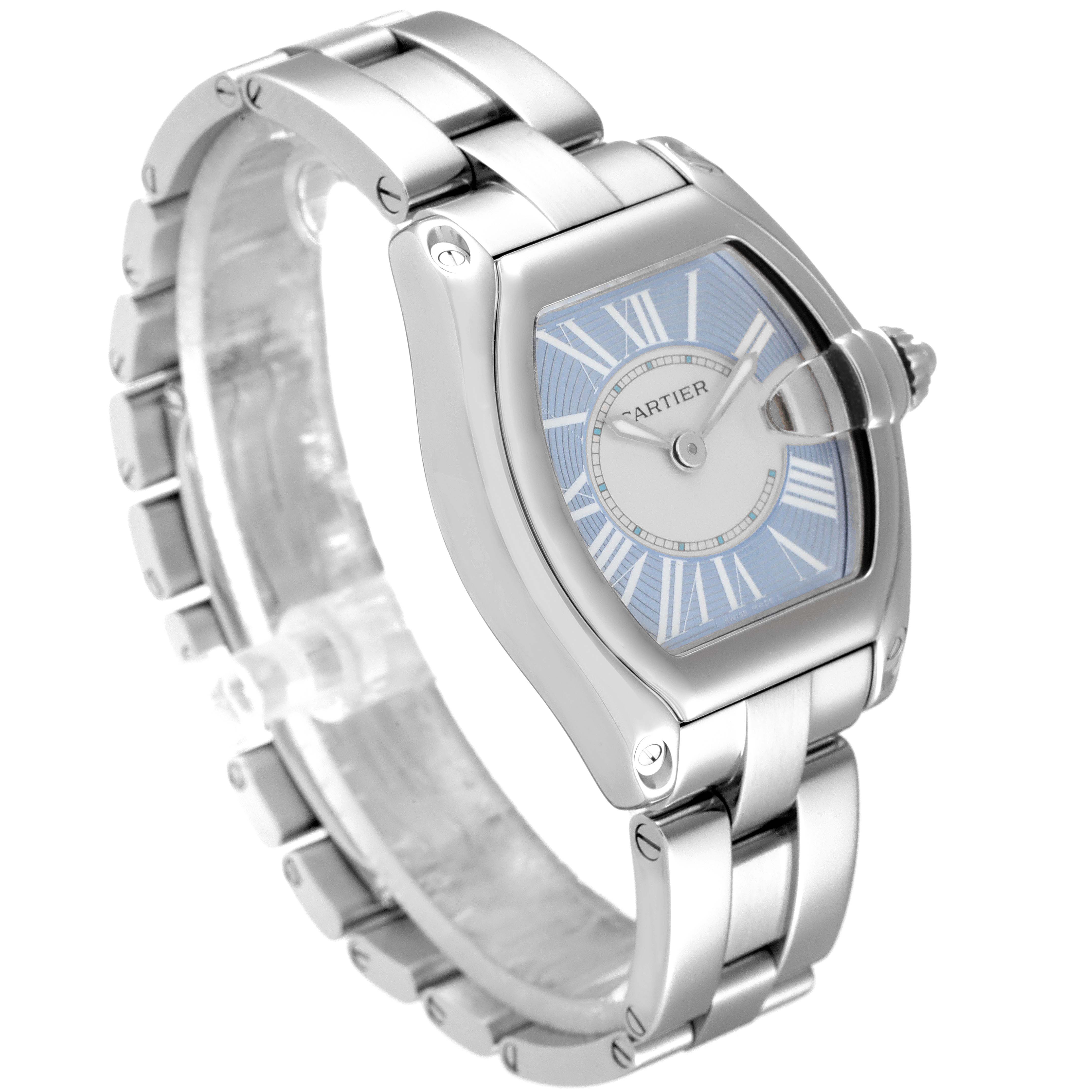 The image shows a Cartier Roadster W62053V3 Women's Stainless Steel Blue Dial W62053V3 Women's Stainless Steel Blue Dial watch, viewed from an angled top-down perspective, highlighting the face and linked bracelet.