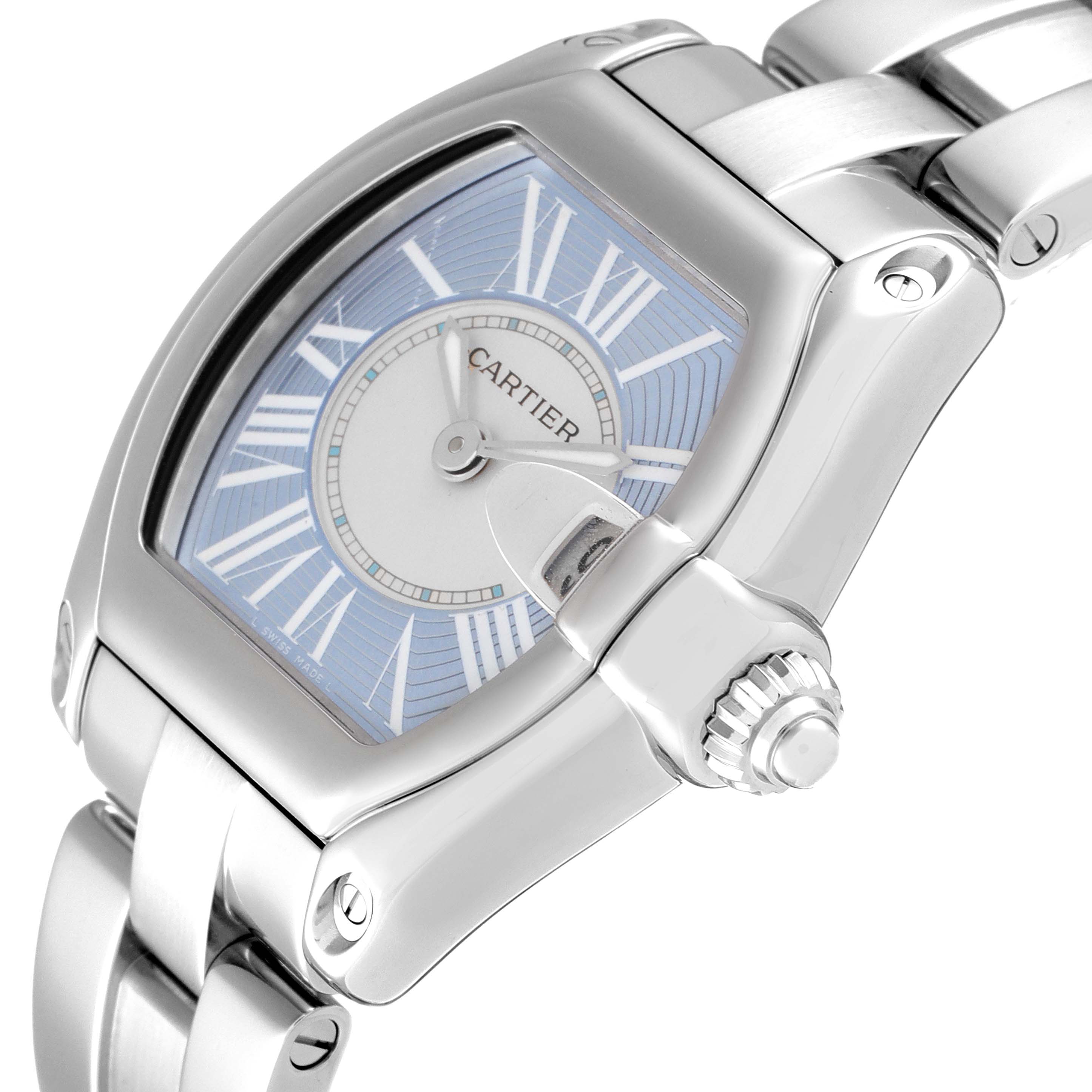 This image shows a close-up angle of the Cartier Roadster W62053V3 Women's Stainless Steel Blue Dial W62053V3 Women's Stainless Steel Blue Dial watch, highlighting its face, crown, and part of the bracelet.