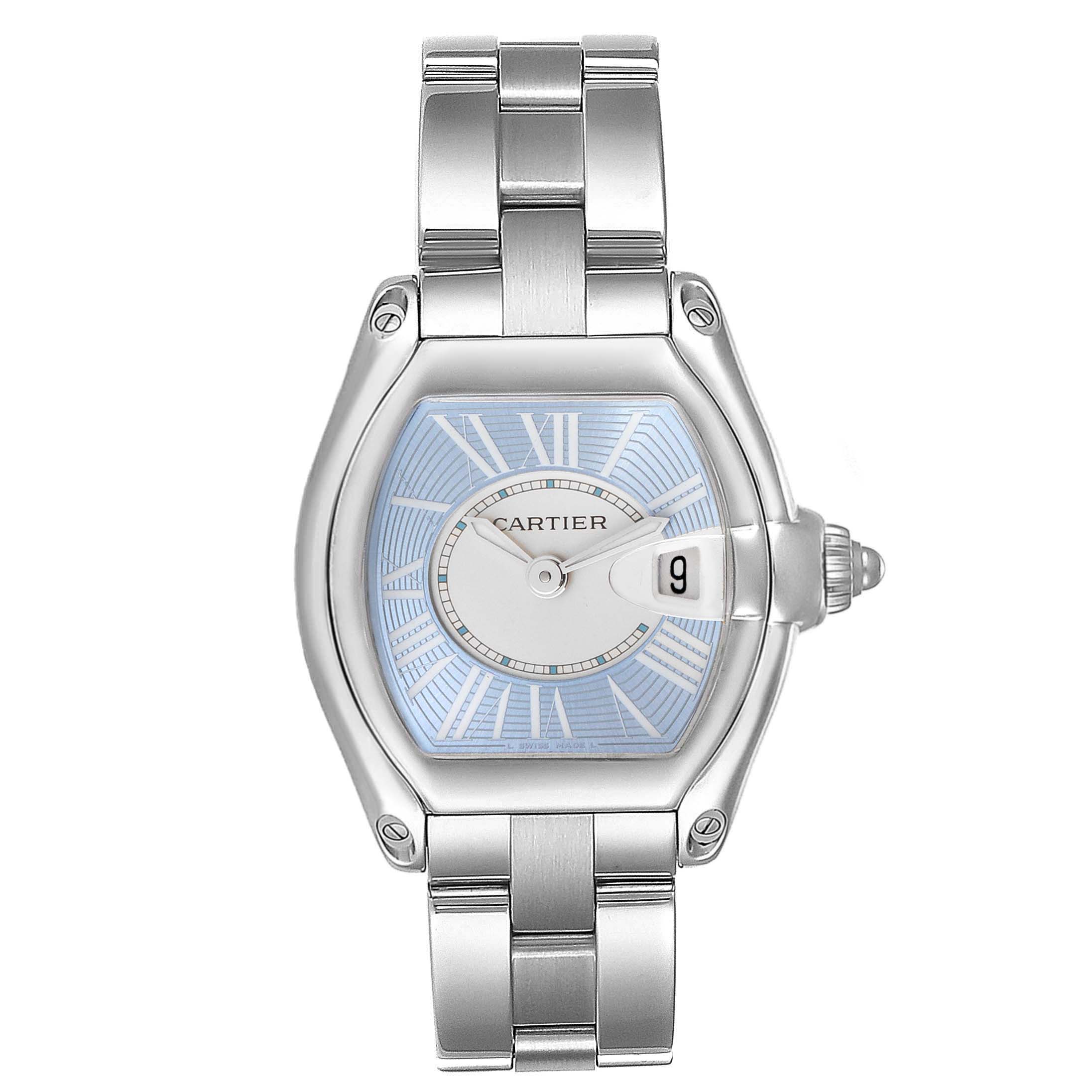 This image shows a front view of the Cartier Roadster W62053V3 Women's Stainless Steel Blue Dial W62053V3 Women's Stainless Steel Blue Dial watch, highlighting its face, case, crown, and bracelet.