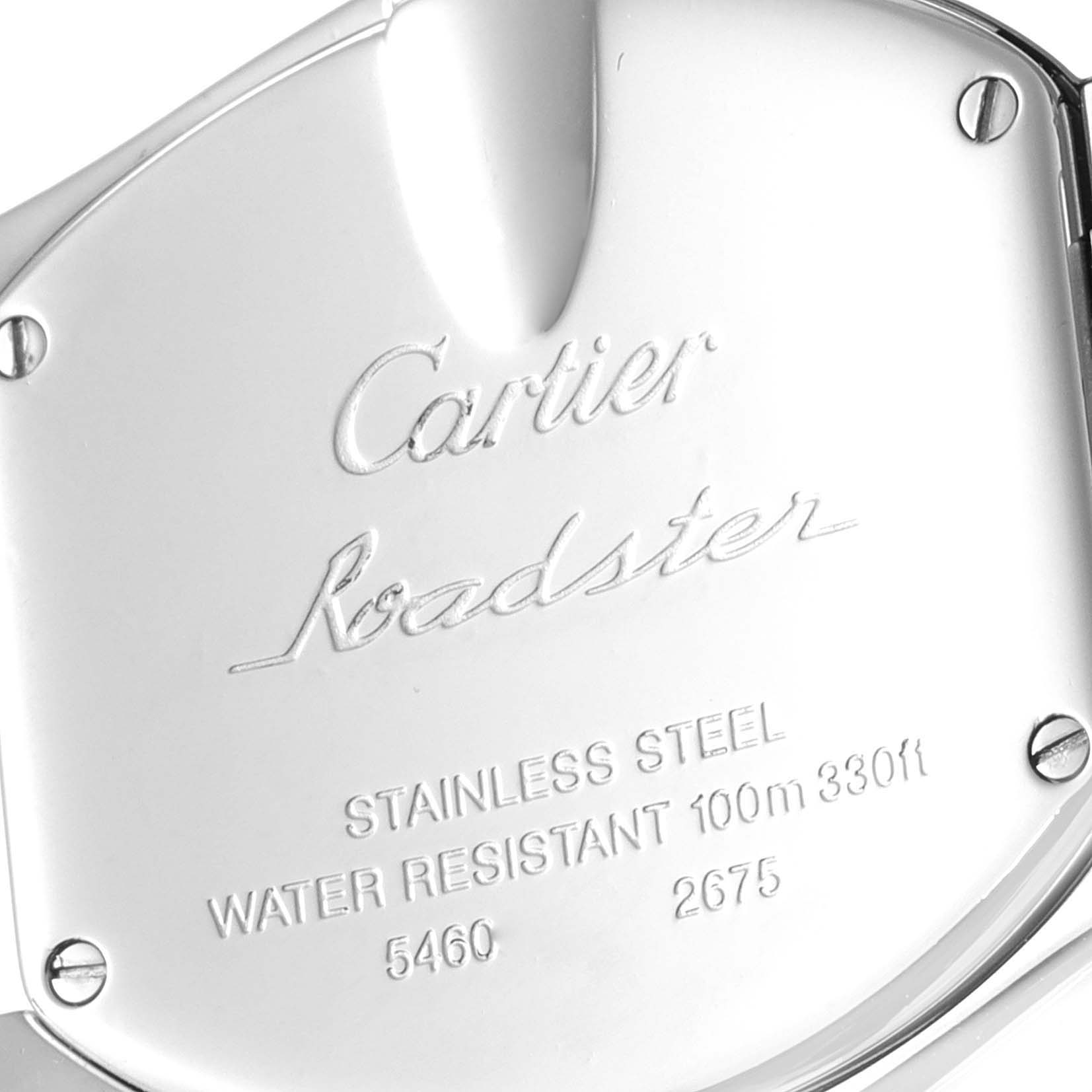 This image shows the back case of a Cartier Roadster W62053V3 Women's Stainless Steel Blue Dial W62053V3 Women's Stainless Steel Blue Dial watch, displaying its engravings and screws.