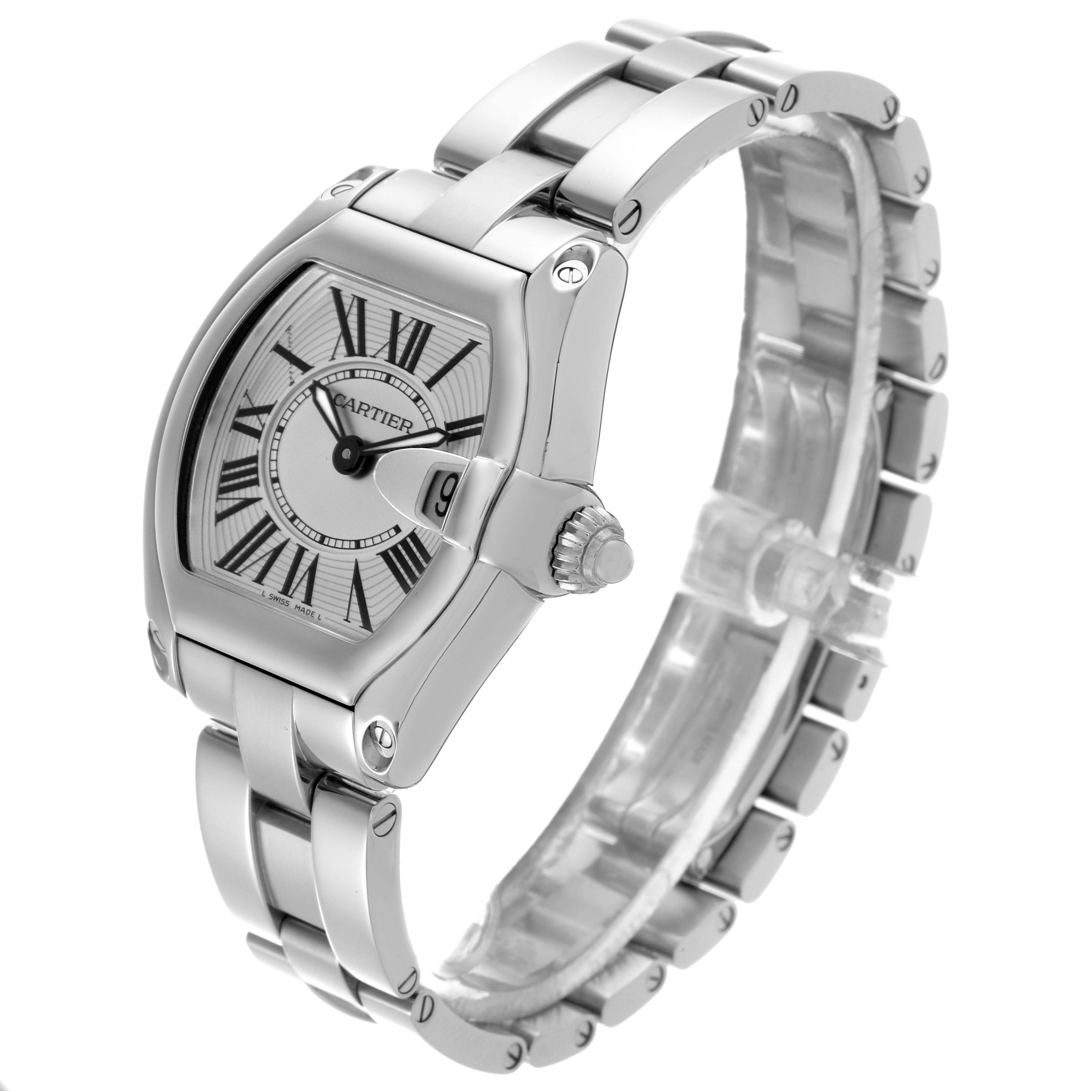 The Cartier Roadster W62016V3 Women
s Stainless Steel Silver Dial W62016V3 Women
s Stainless Steel Silver Dial watch is shown at a three-quarter angle, displaying the face, crown, and part of the band.