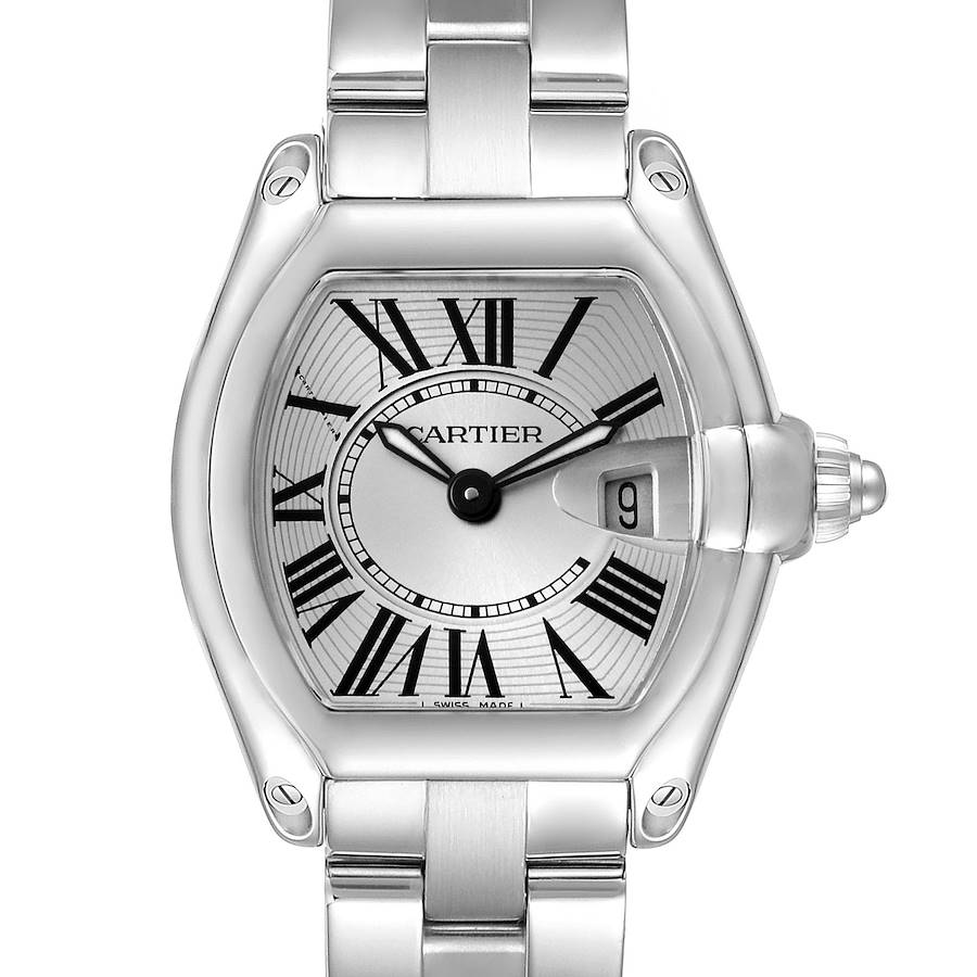 The Cartier Roadster watch is shown from a front angle, highlighting the dial, Roman numerals, and bracelet.