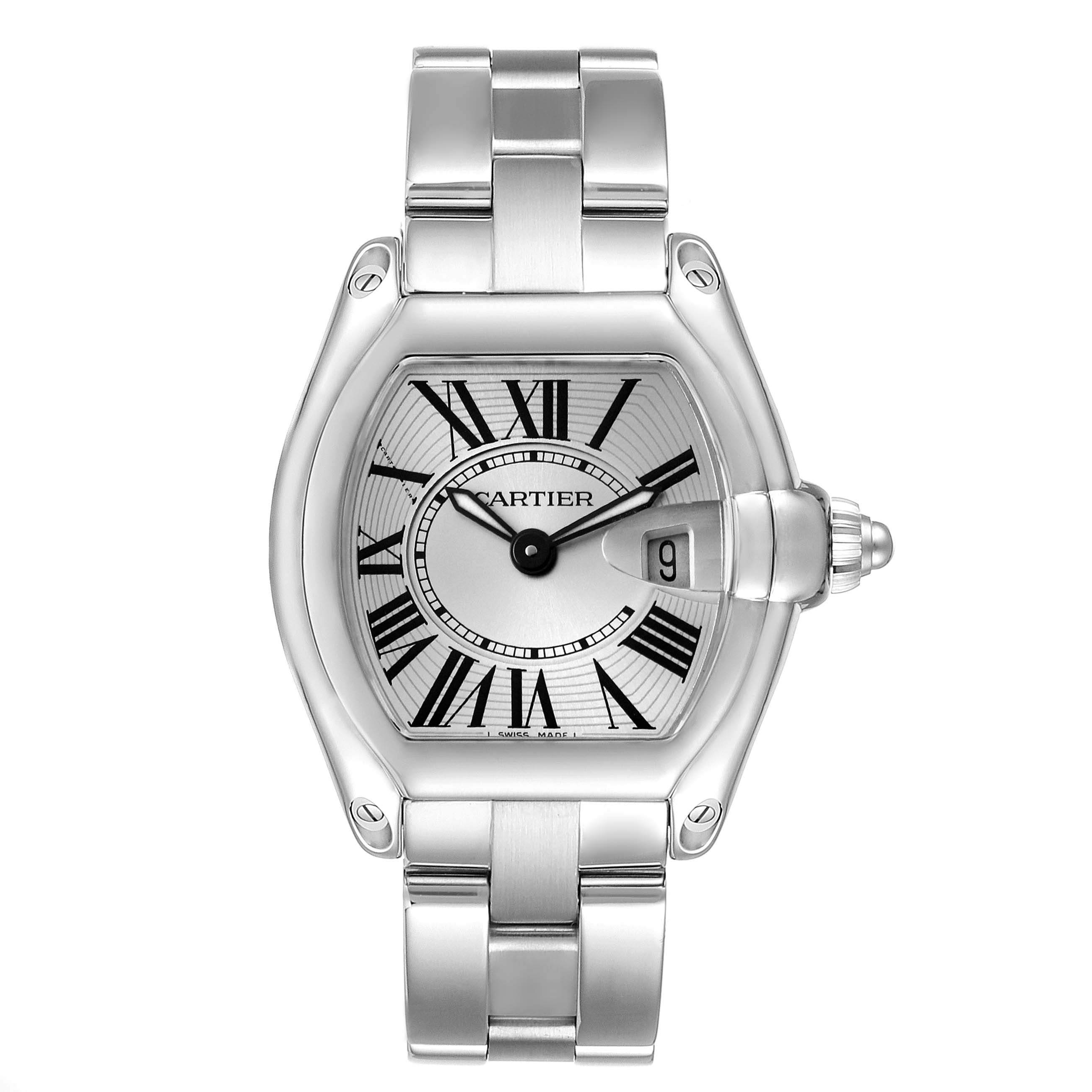 The Cartier Roadster W62016V3 Women
s Stainless Steel Silver Dial W62016V3 Women
s Stainless Steel Silver Dial watch is shown from a top-down angle, highlighting the dial, bracelet, and crown.