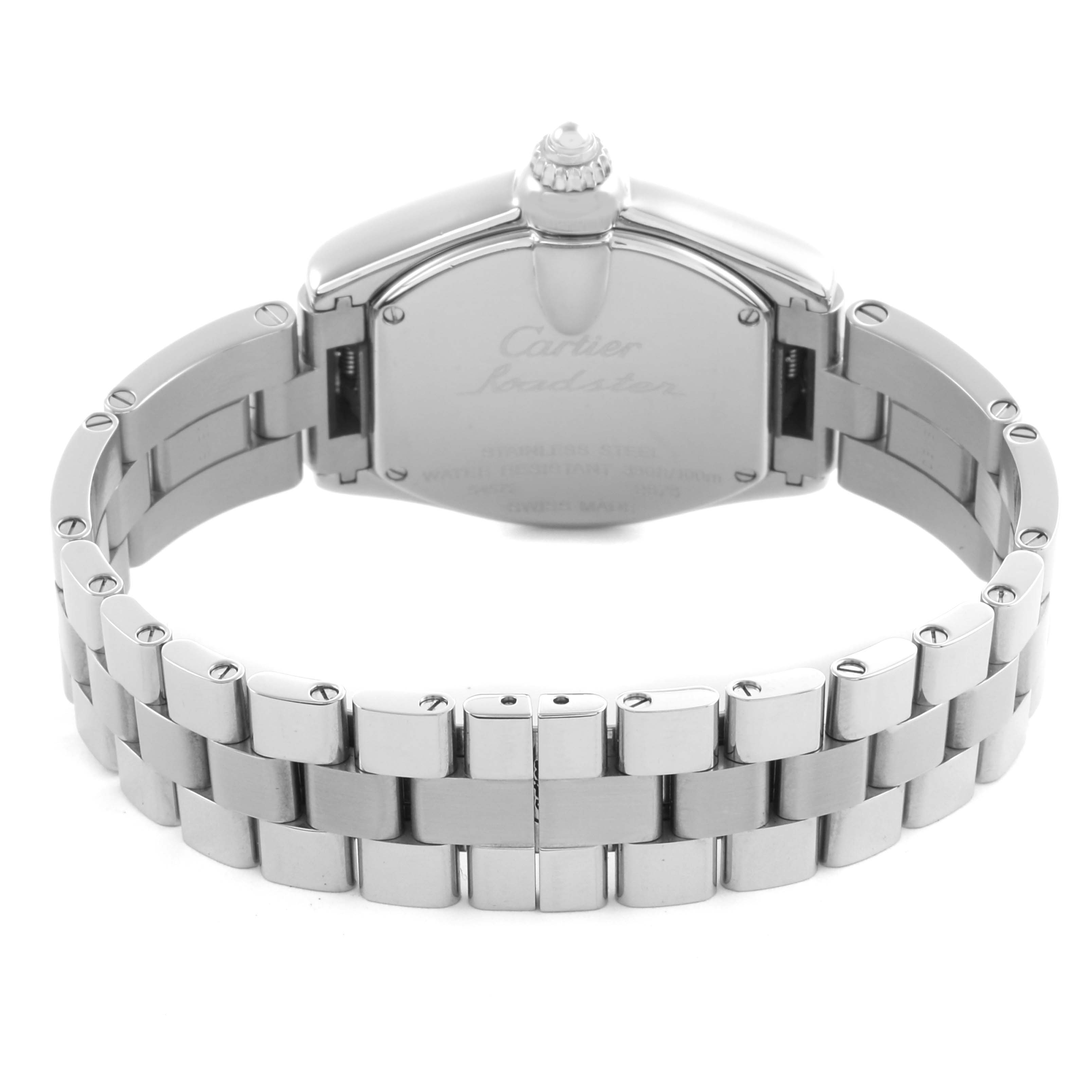 The image shows the back view of a Cartier Roadster W62016V3 Women
s Stainless Steel Silver Dial W62016V3 Women
s Stainless Steel Silver Dial watch, highlighting the case back and part of the bracelet.