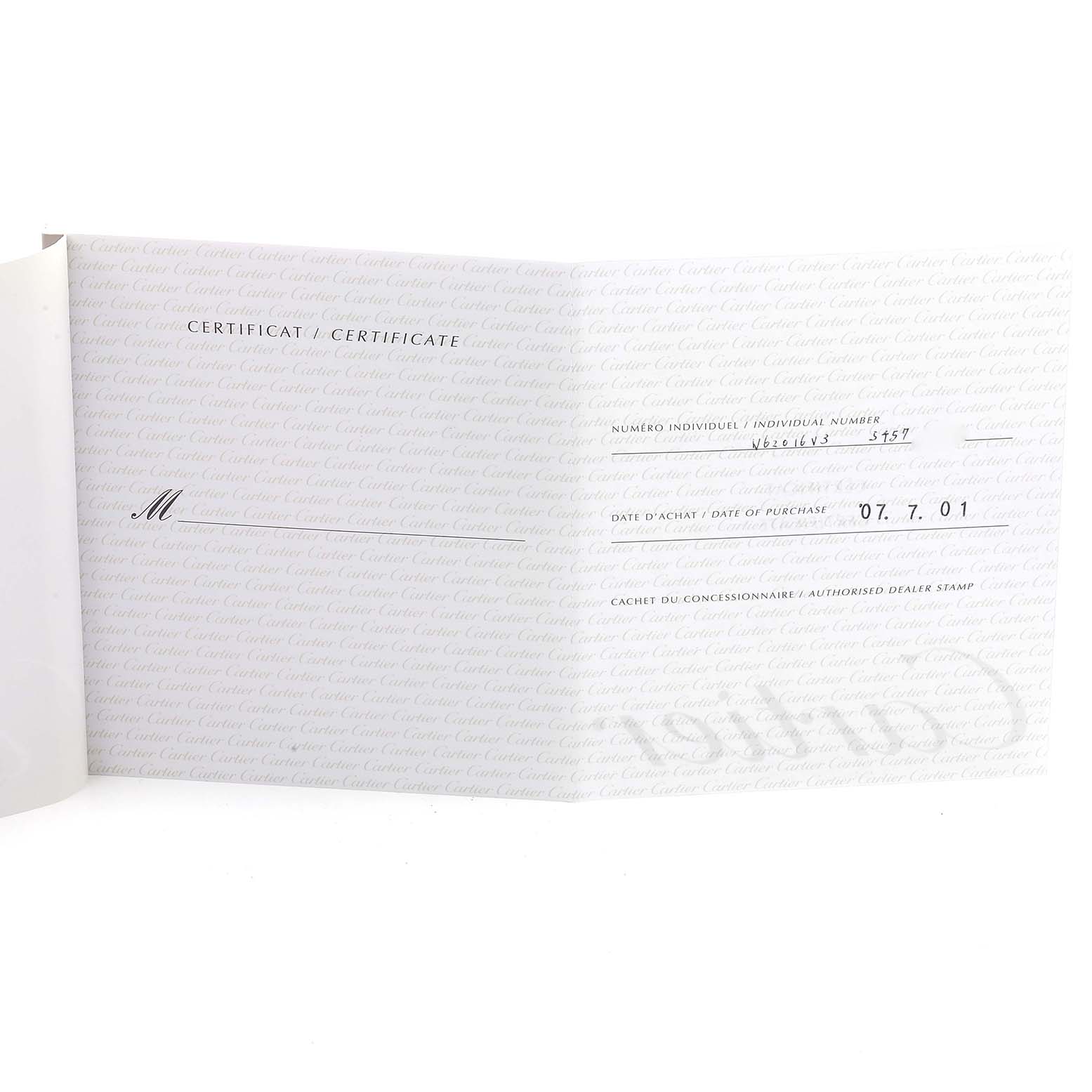 This image shows a certificate for a Cartier Roadster W62016V3 Women
s Stainless Steel Silver Dial W62016V3 Women
s Stainless Steel Silver Dial watch, displaying purchase details and serial number.