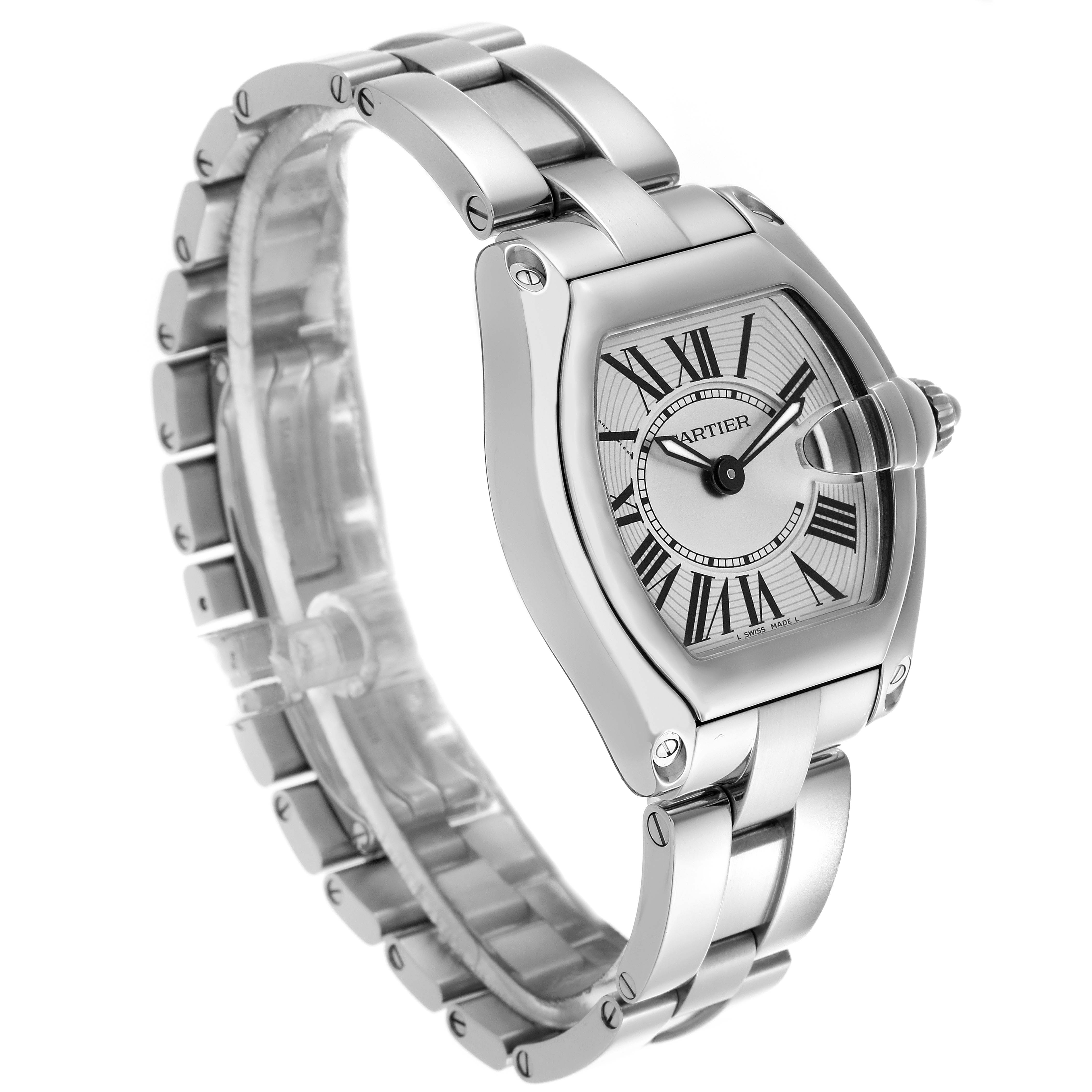 The Cartier Roadster W62016V3 Women
s Stainless Steel Silver Dial W62016V3 Women
s Stainless Steel Silver Dial watch is shown at a three-quarter angle, highlighting the face, bezel, and bracelet.