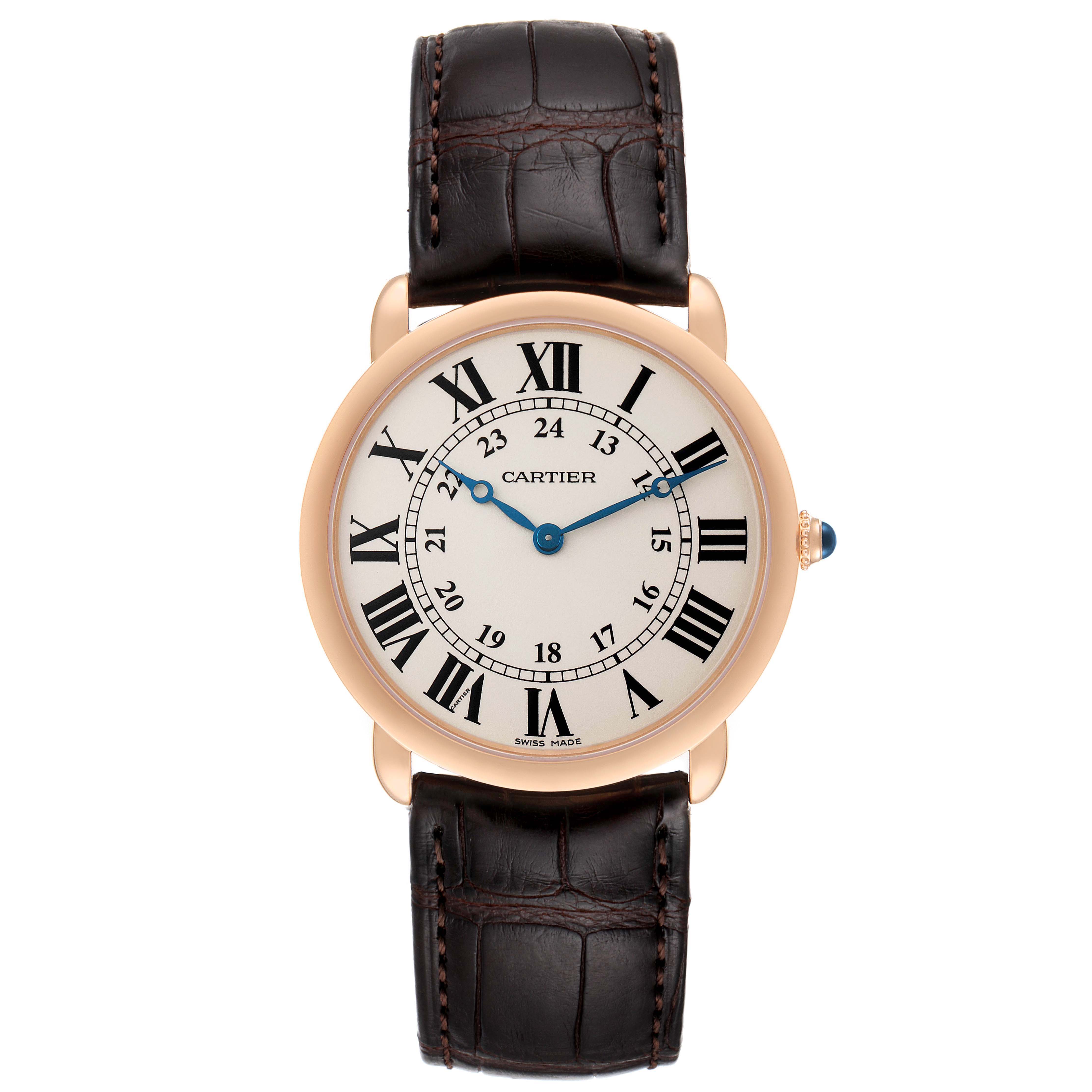 The Cartier Ronde W6800251 Men's Rose Gold Silver Dial watch is shown from a top-down angle, displaying the face, bezel, and strap clearly.