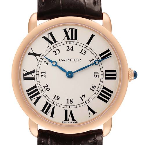 The Cartier Ronde W6800251 Men's Rose Gold Silver Dial watch is shown from a front angle, displaying its face, Roman numerals, blue hands, and crown with a blue cabochon.